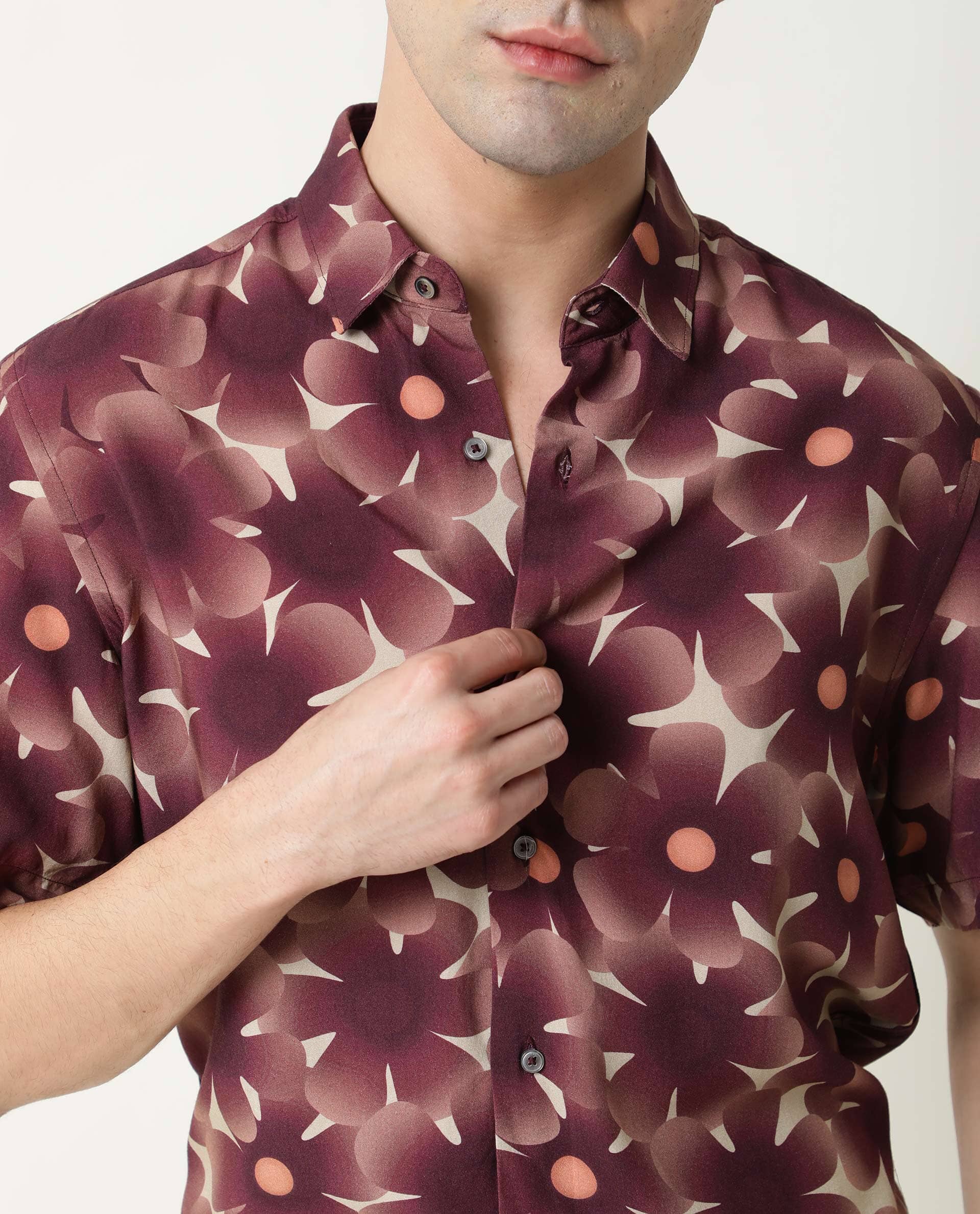 Rare Rabbit Men's Parles Brown Viscose Fabric Floral Print Half Sleeves Shirt