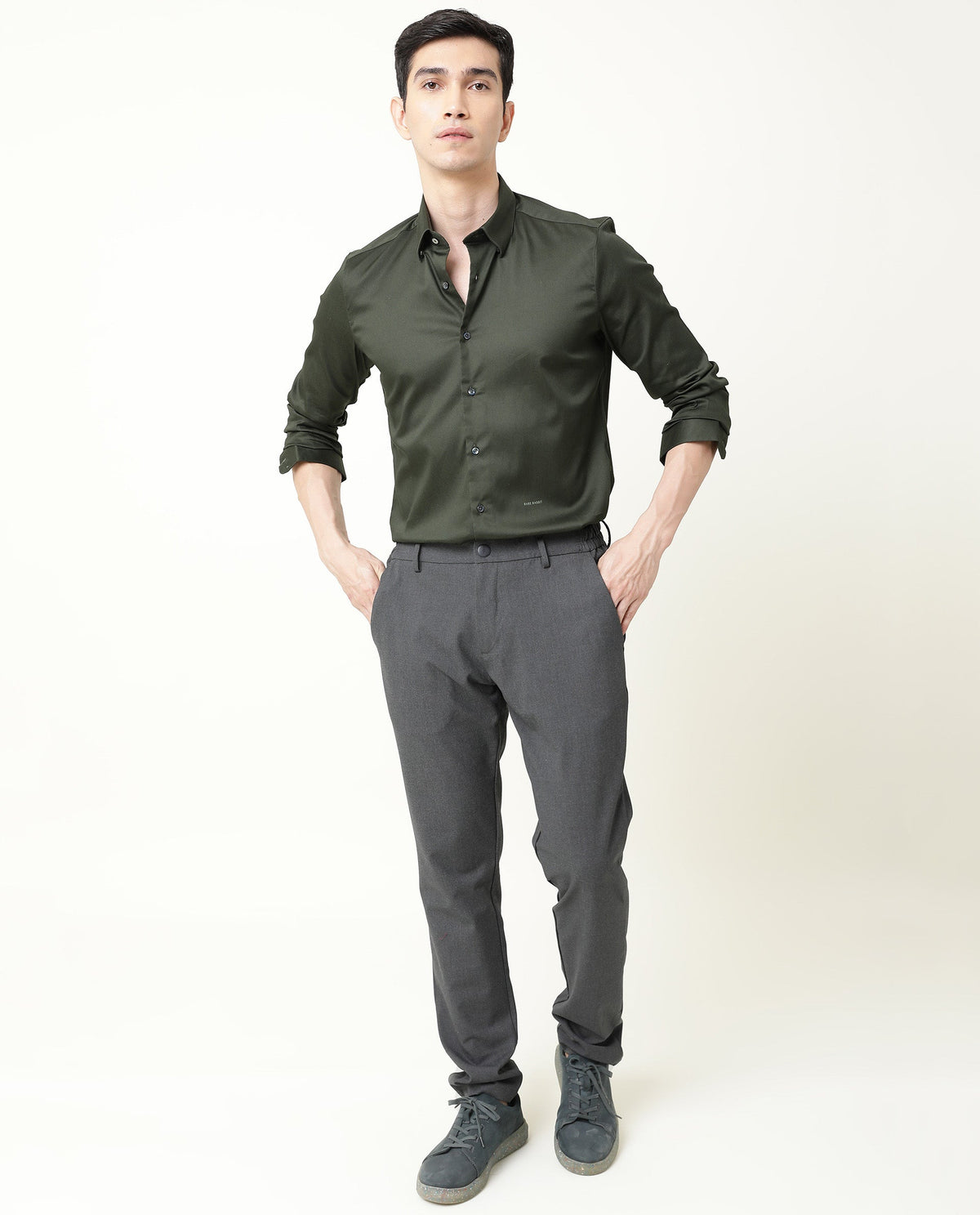RARE RABBIT MEN'S SATIN GREEN SHIRT COTTON FABRIC COLLARED NECK FULL SLEEVES BUTTON CLOSURE SLIM FIT