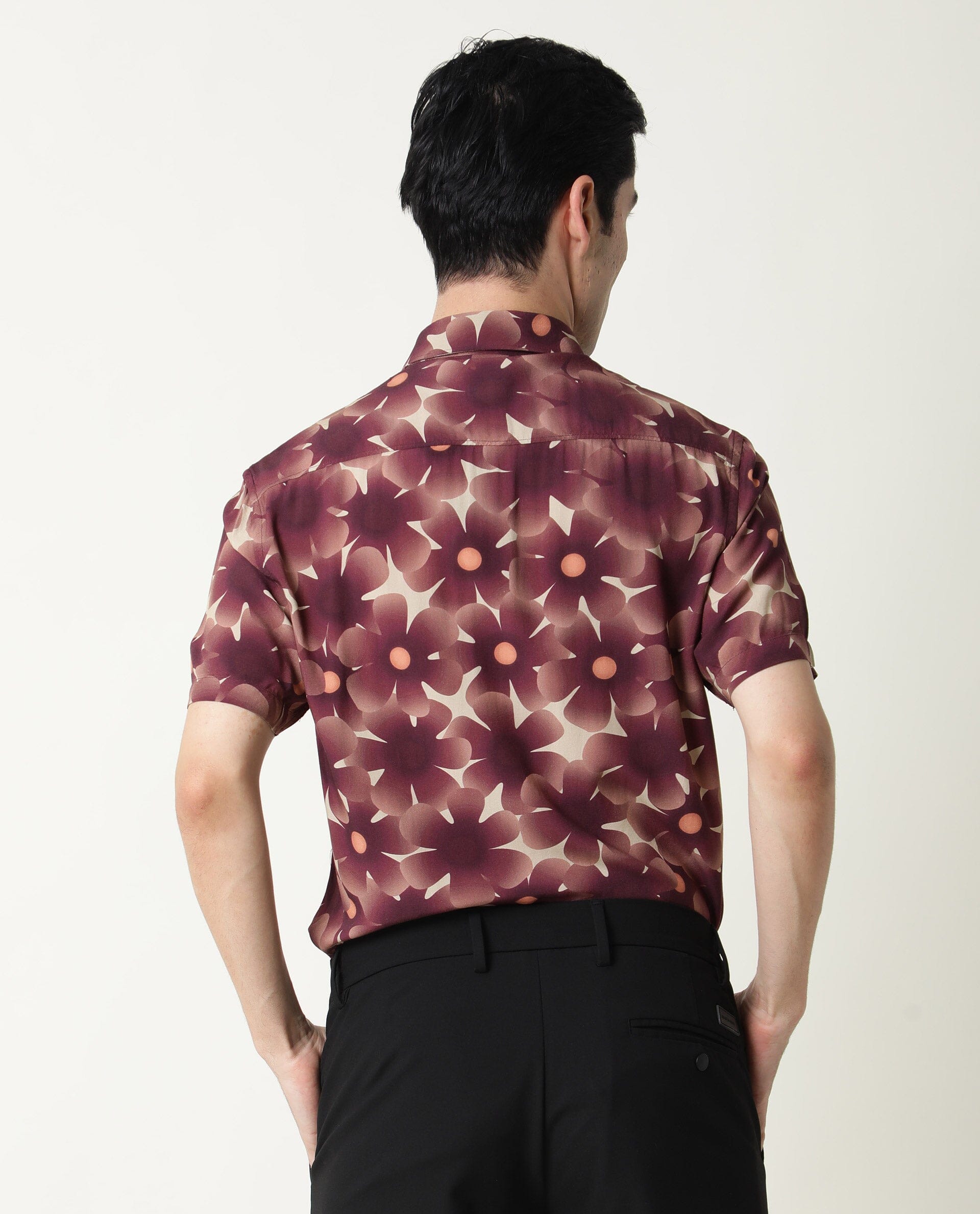 Rare Rabbit Men's Parles Brown Viscose Fabric Floral Print Half Sleeves Shirt