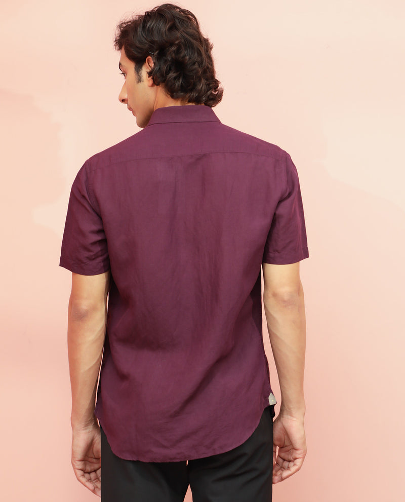Rare Rabbit Men's Mik Dark Maroon Modal Linen Fabric Half Sleeves Solid Shirt