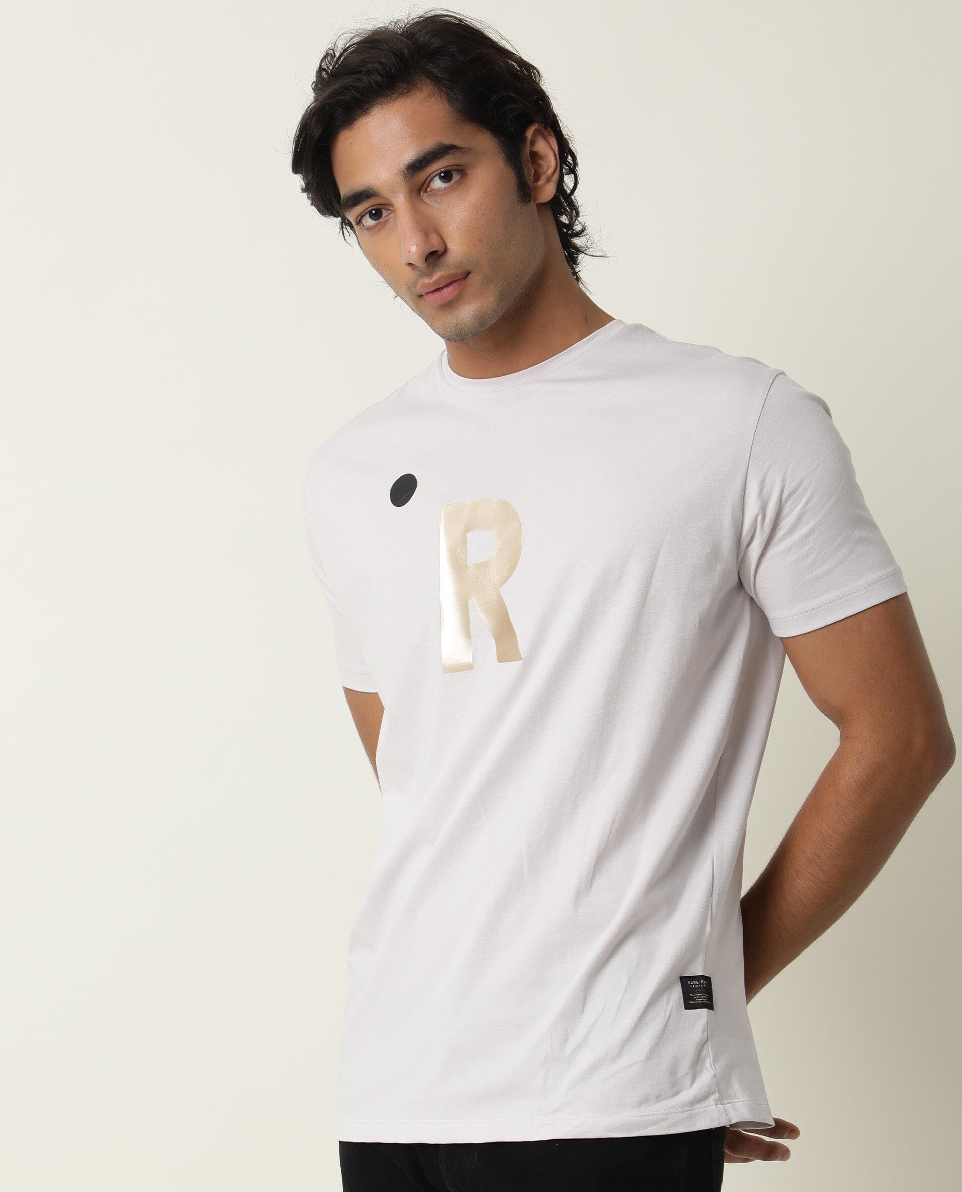 Rare Rabbit Men's Marion Grey Crew Neck Logo Printed Half Sleeves Slim Fit T-Shirt