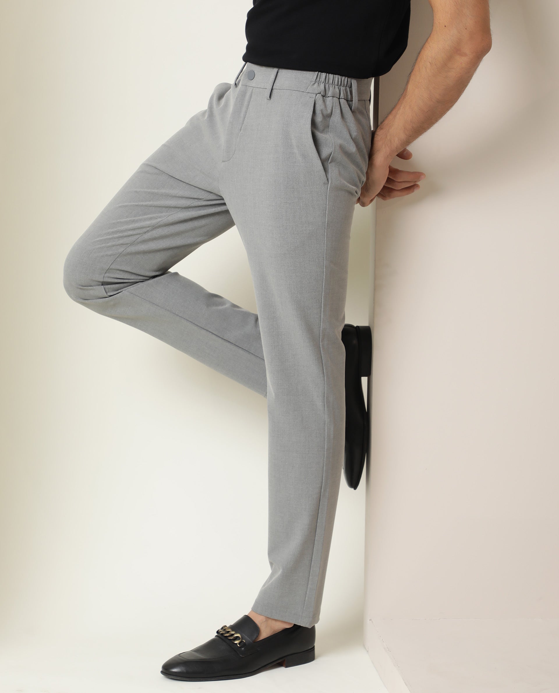 Rare Rabbit Men's Traverse Grey Solid Mid-Rise Regular Fit Stretch Trousers