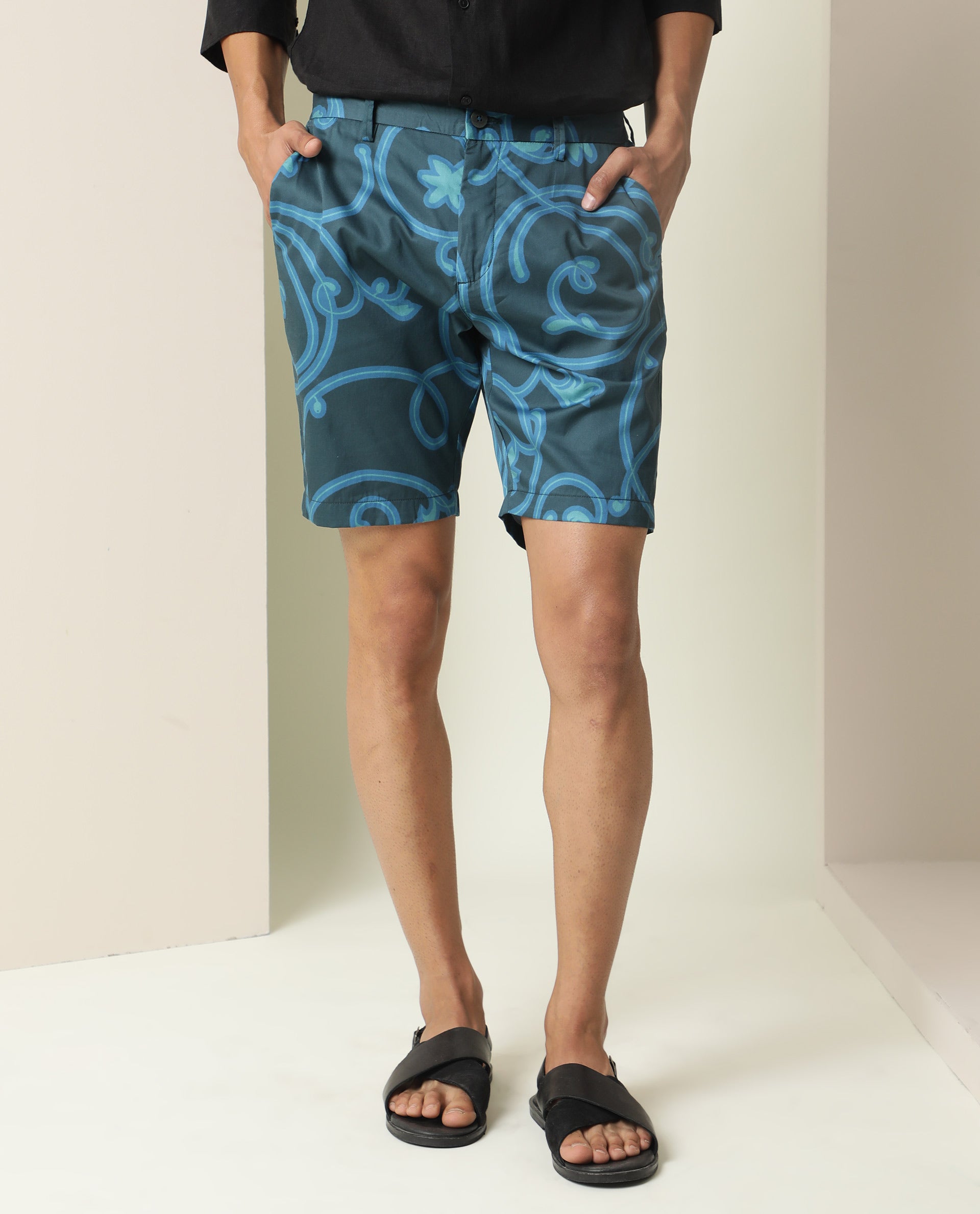 Rare Rabbit Mens Monlet Petrol Cotton Fabric Button & Zip Closure Regular Fit Mid Rise Abstract Print Shorts