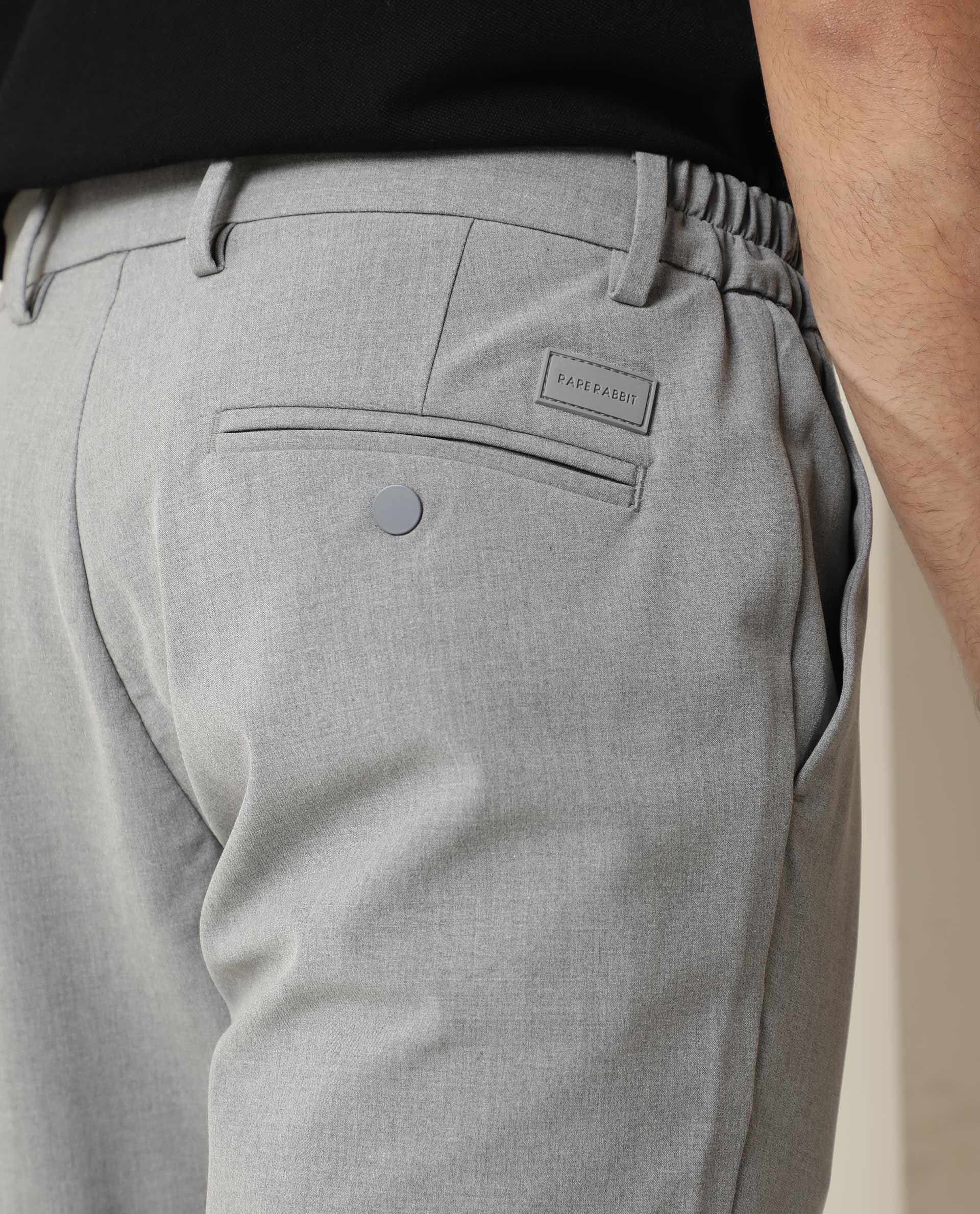 Rare Rabbit Men's Traverse Grey Solid Mid-Rise Regular Fit Stretch Trousers
