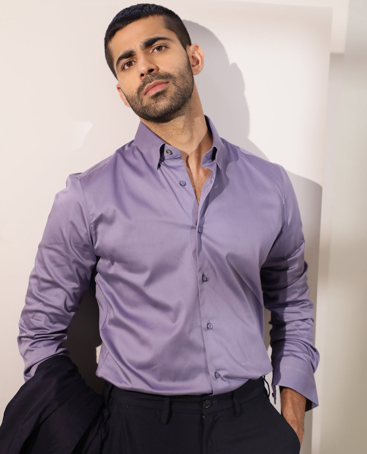 Rare Rabbit Men's Como Light Purple Satin Fabric Button Down Collar Full Sleeves Solid Formal Shirt