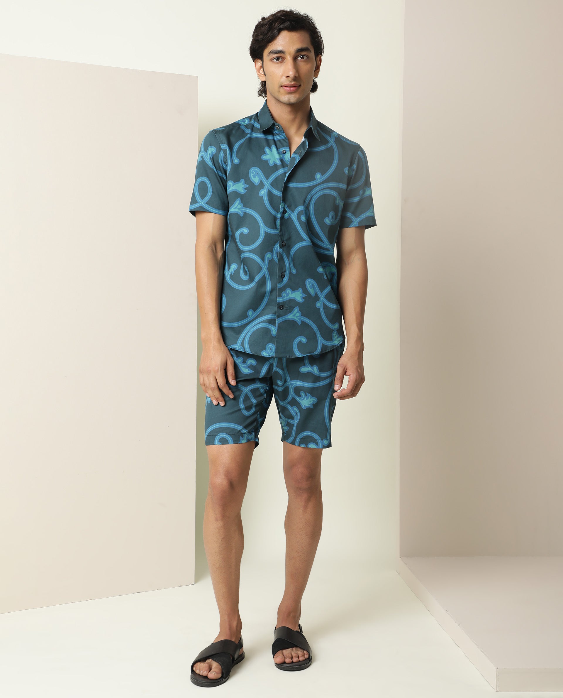 Rare Rabbit Men's Montil Petrol Cotton Fabric Half Sleeves Abstract Print Shirt