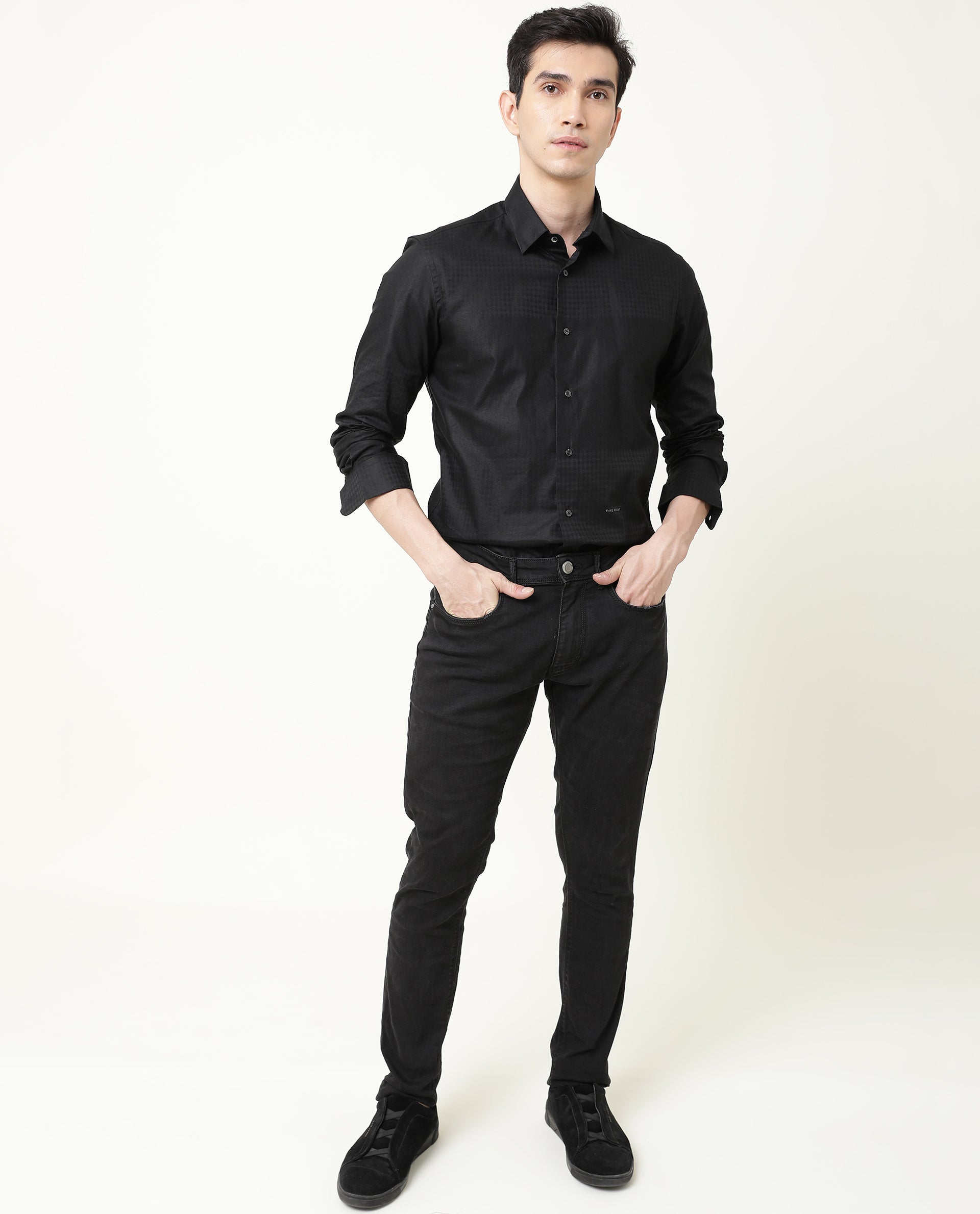 RARE RABBIT BOXXI PRIMARY BLACK SHIRT COTTON LYOCELL FABRIC FULL SLEEVE SPREAD COLLAR SLIM FIT