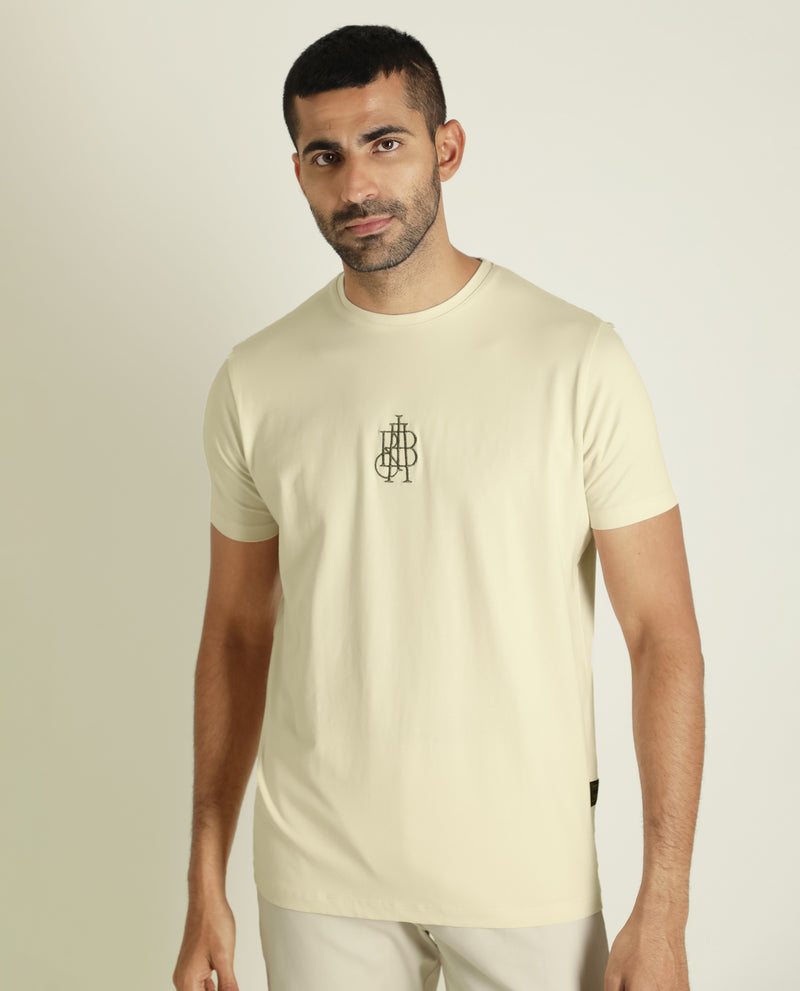 Rare Rabbit Men's Ware Light Beige Cotton Lycra Fabric Crew Neck Half Sleeves Regular Fit Embroidered Monogram T-Shirt