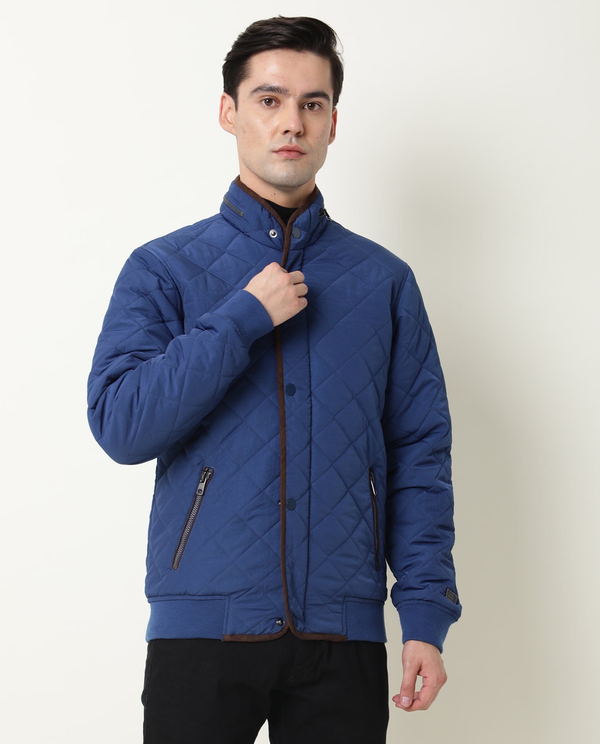 Rare Rabbit Men's Krul Teal Plain Diamond Quilted Stand Collar Puffer Jacket