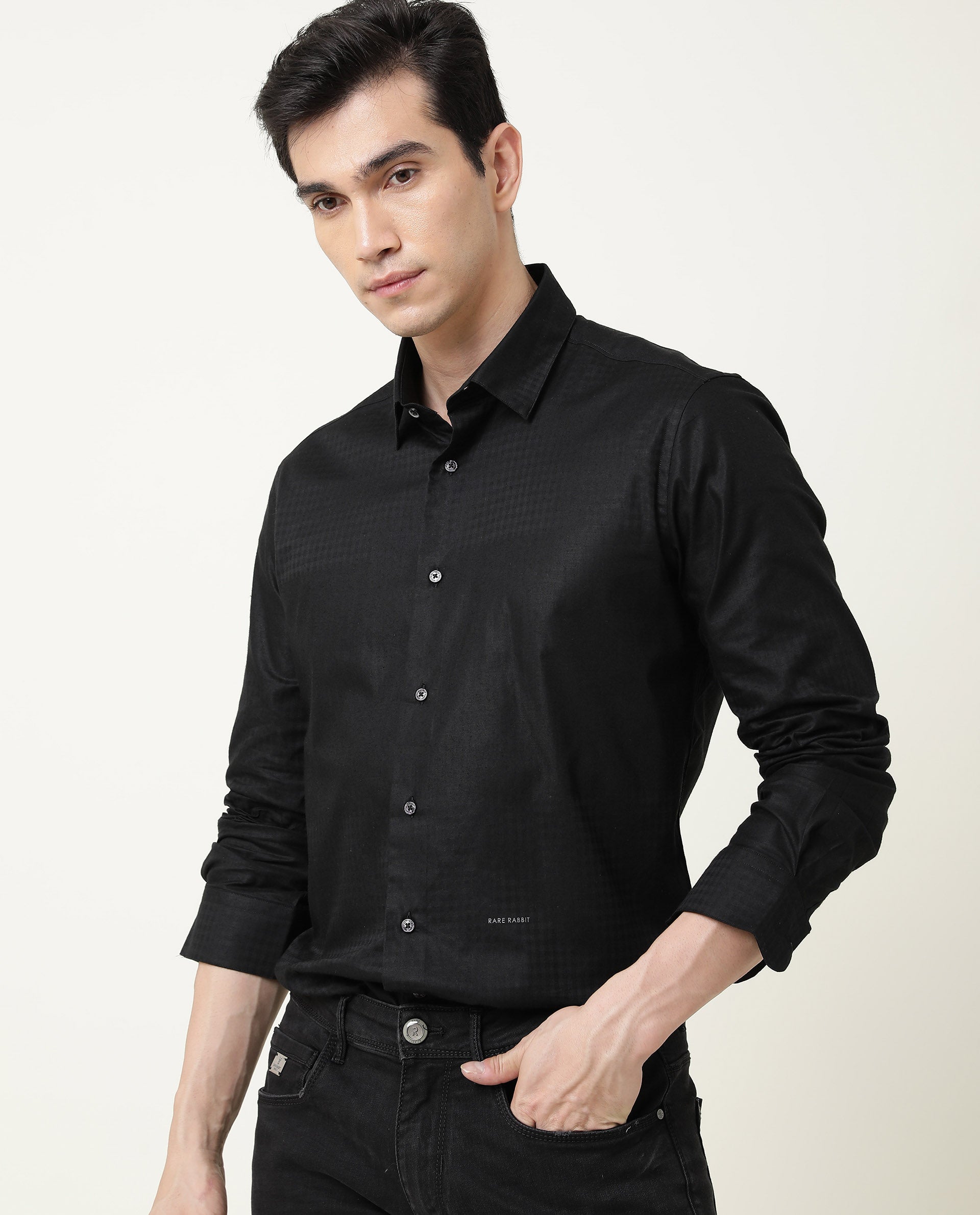 RARE RABBIT BOXXI PRIMARY BLACK SHIRT COTTON LYOCELL FABRIC FULL SLEEVE SPREAD COLLAR SLIM FIT
