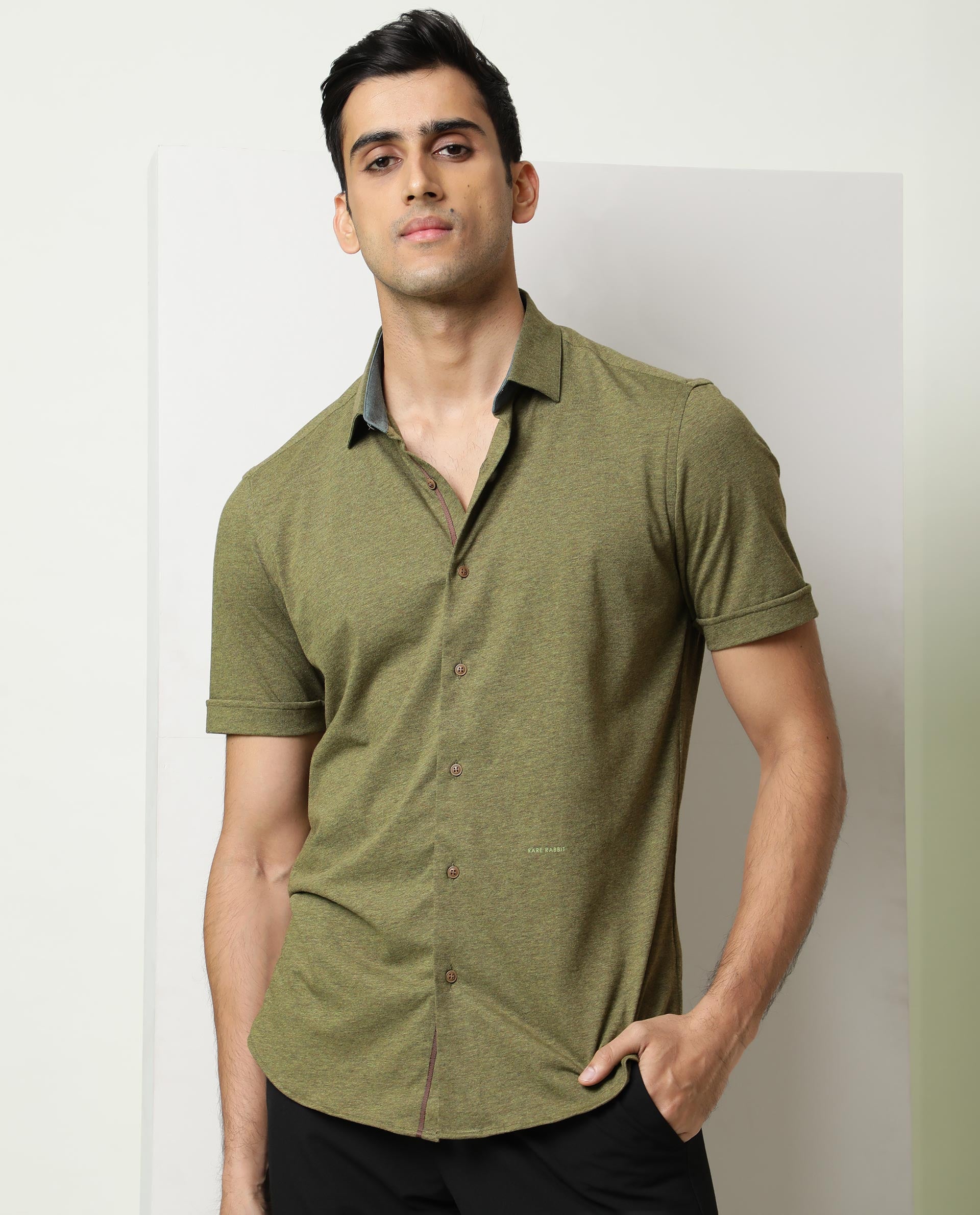 Rare Rabbit Men's Miraj Olive Cotton Fabric Half Sleeves Solid Melange Shirt
