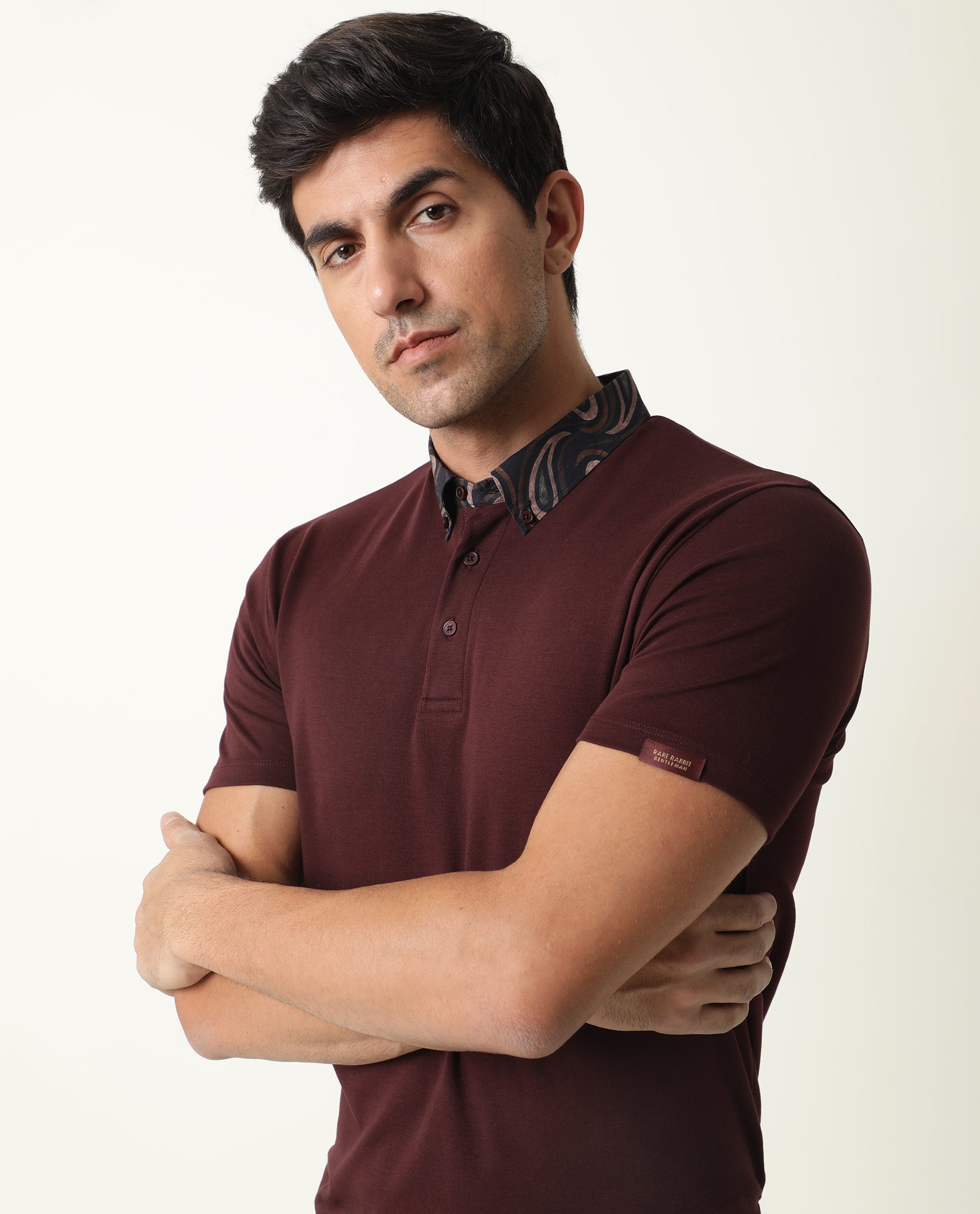 RARE RABBIT MEN'S RINGERS MAROON POLO COTTON FABRIC COLLARED NECK HALF SLEEVES BUTTON CLOSURE
