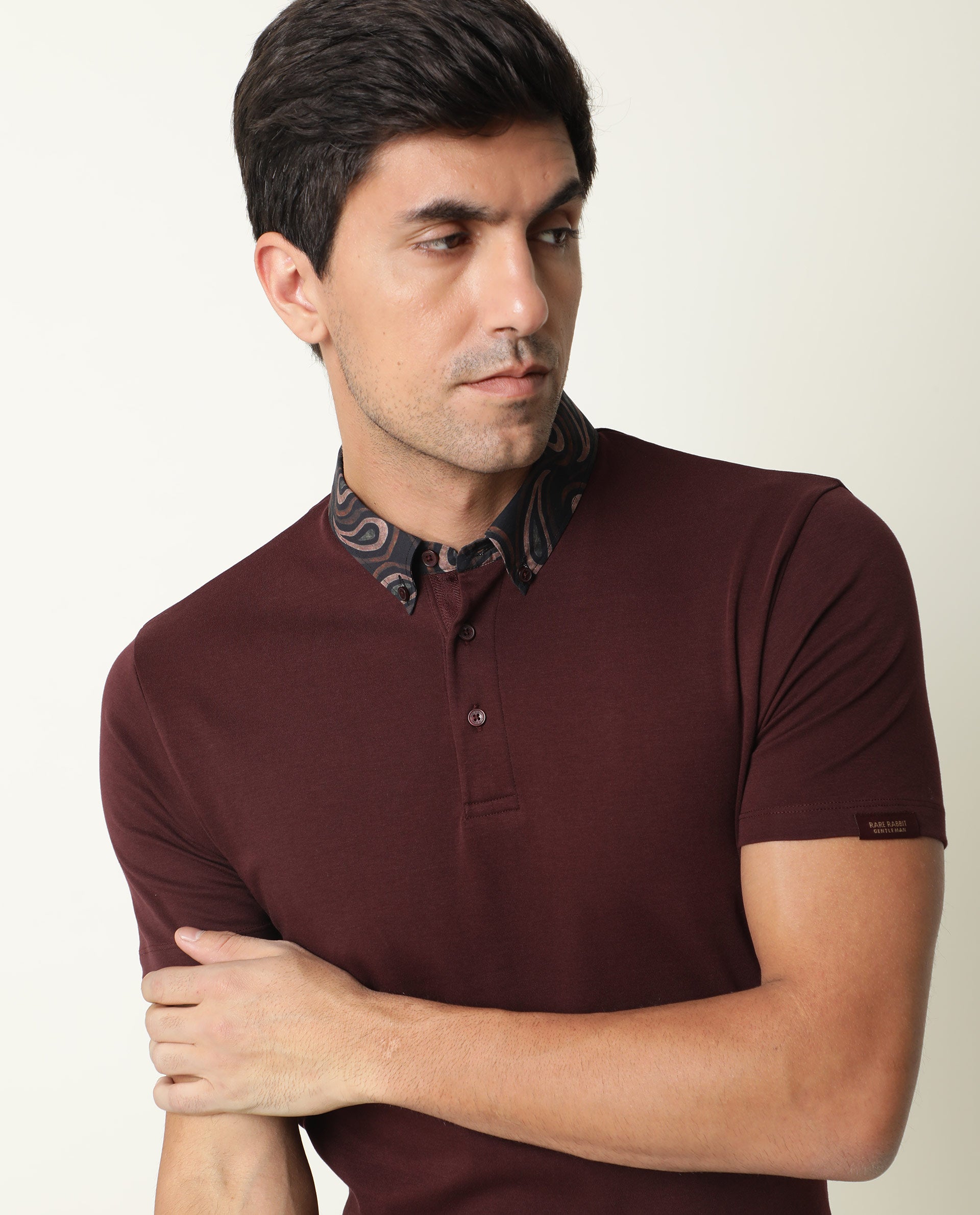 RARE RABBIT MEN'S RINGERS MAROON POLO COTTON FABRIC COLLARED NECK HALF SLEEVES BUTTON CLOSURE