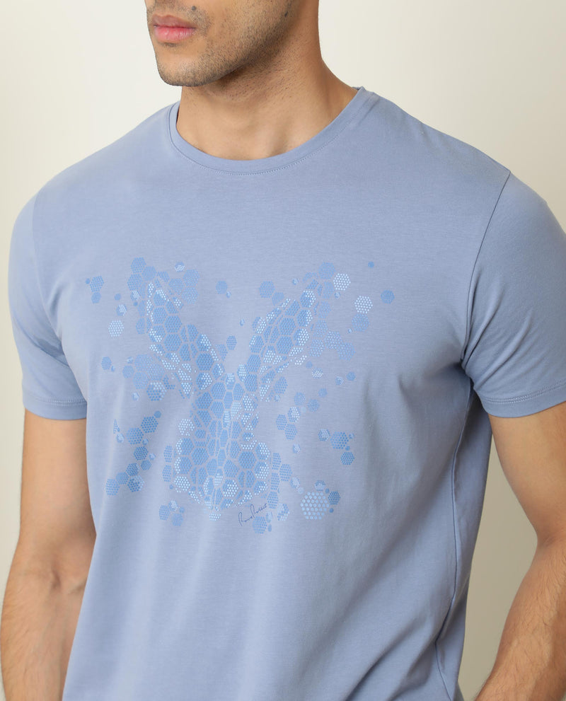 Rare Rabbit Men's Smokey Blue Cotton Lycra Fabric Crew Neck Half Sleeves Regular Fit HD Printed Logo T-shirt