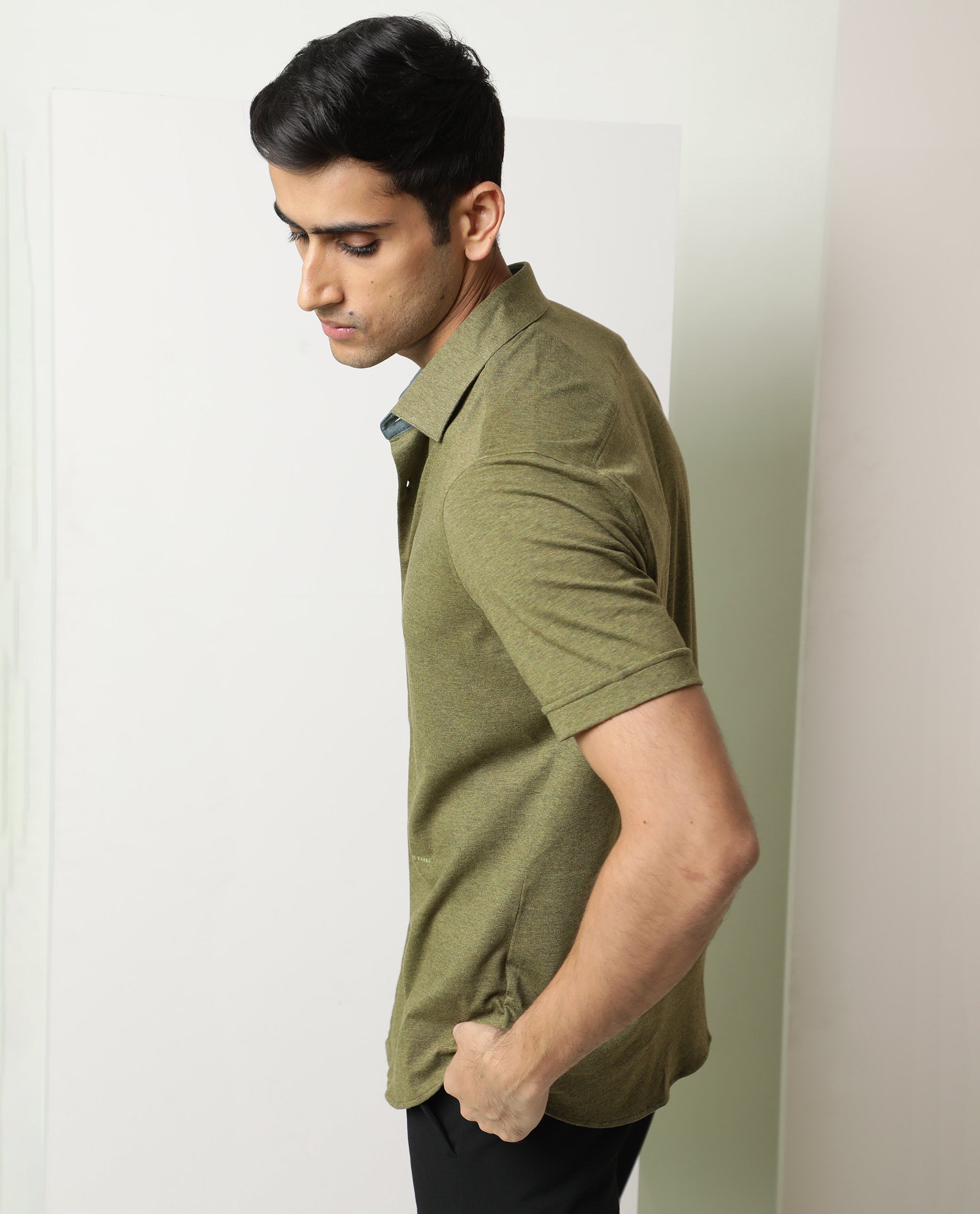 Rare Rabbit Men's Miraj Olive Cotton Fabric Half Sleeves Solid Melange Shirt