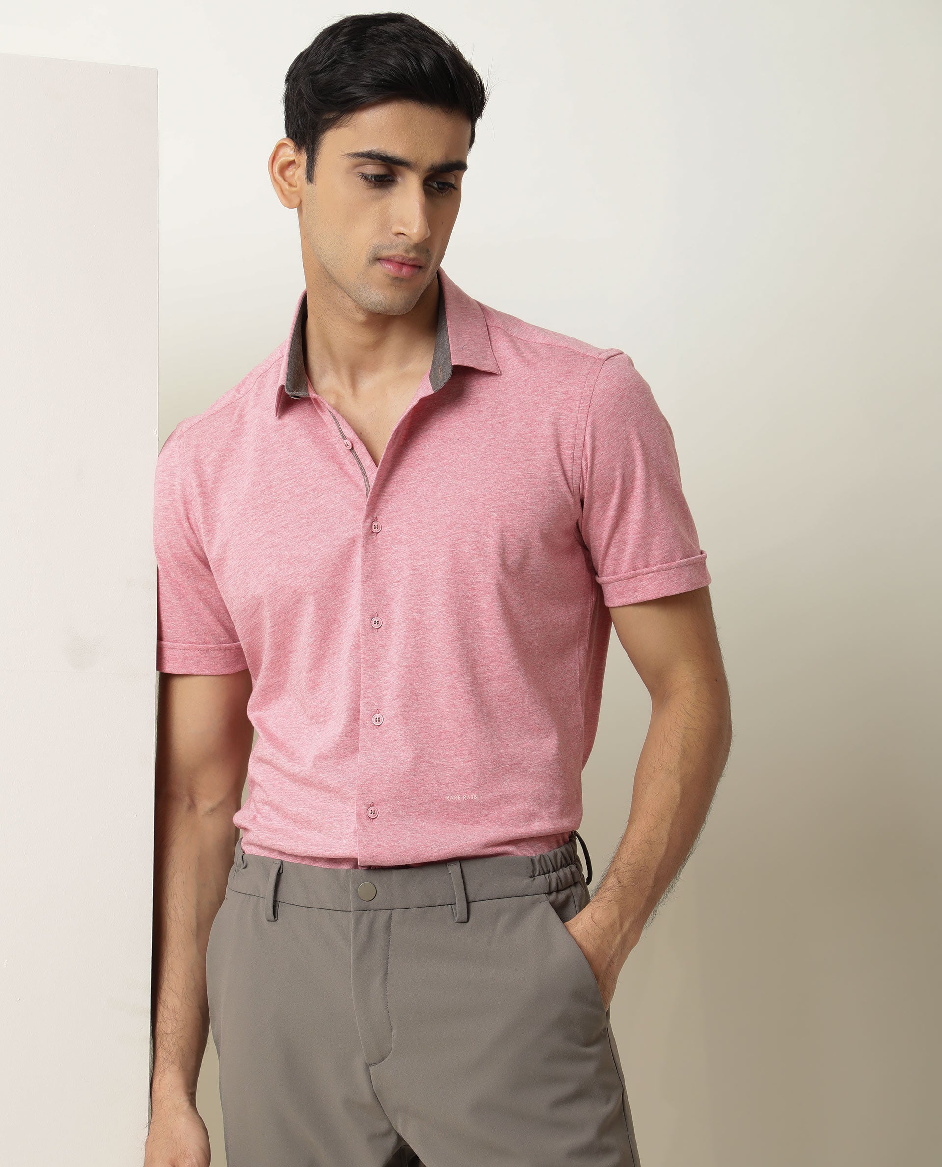 Rare Rabbit Men's Miraj Pink Cotton Fabric Half Sleeves Knitted Shirt