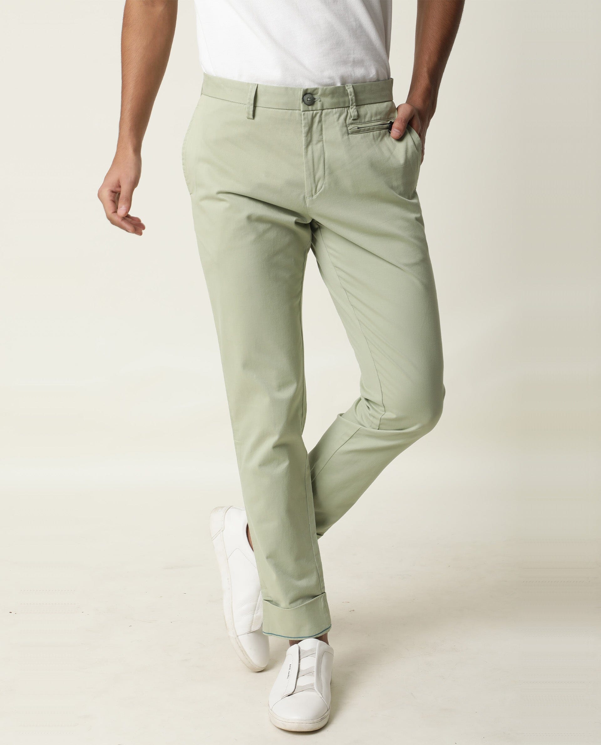 Rare Rabbit Men's Clovey Green Cotton Fabric Button Closure Mid Rise Slim Fit Trousers