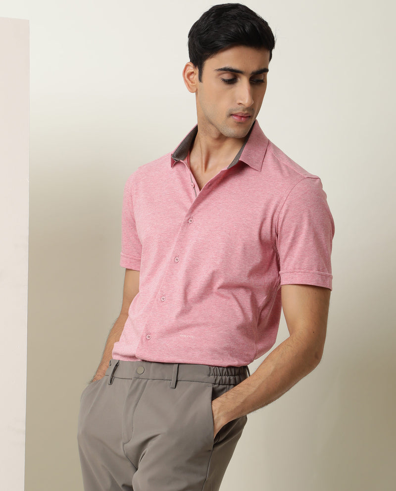 Rare Rabbit Men's Miraj Pink Cotton Fabric Half Sleeves Knitted Shirt