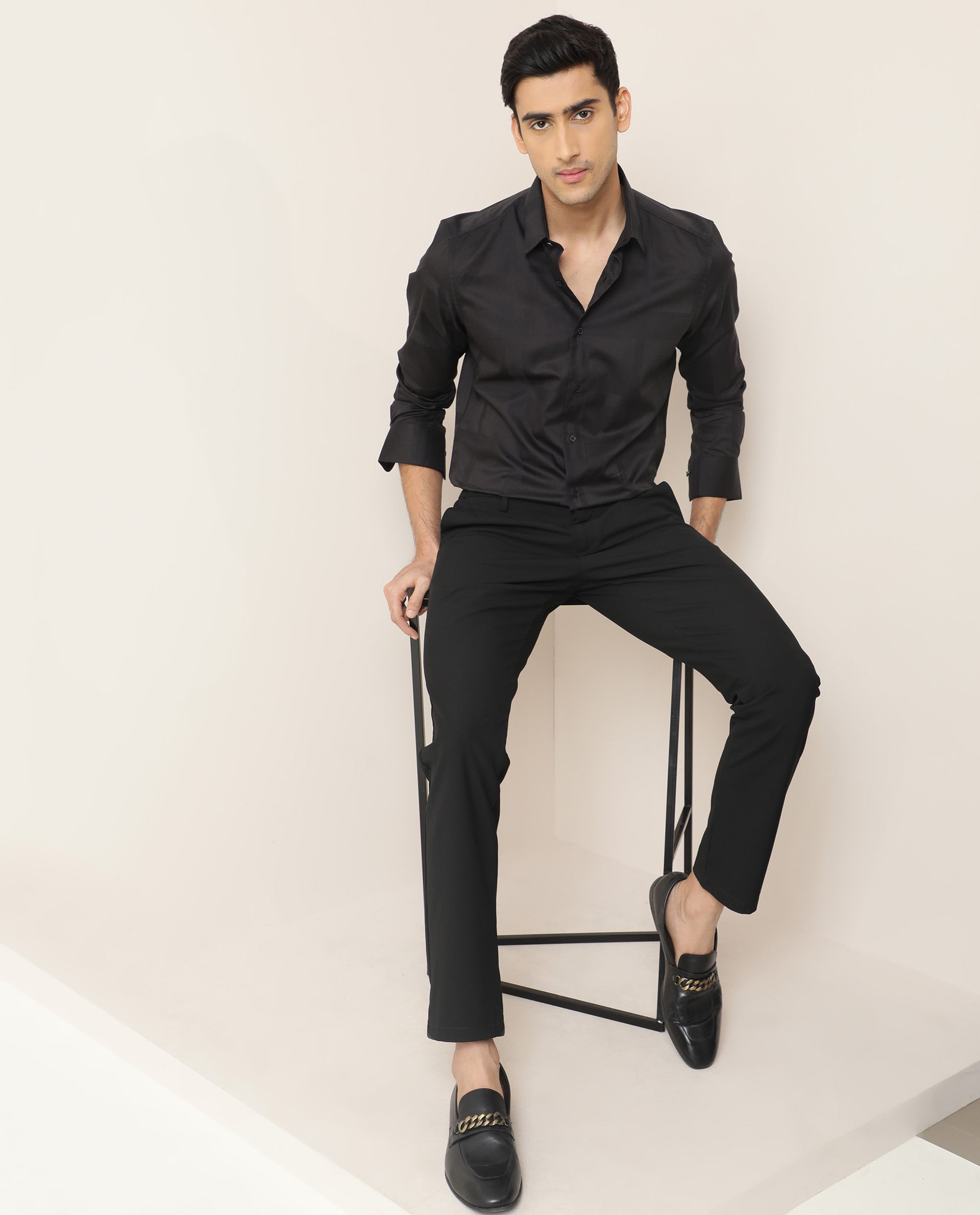 Rare Rabbit Men's Boxline Black Cotton Lyocell Fabric Full Sleeves Checks Print Shirt