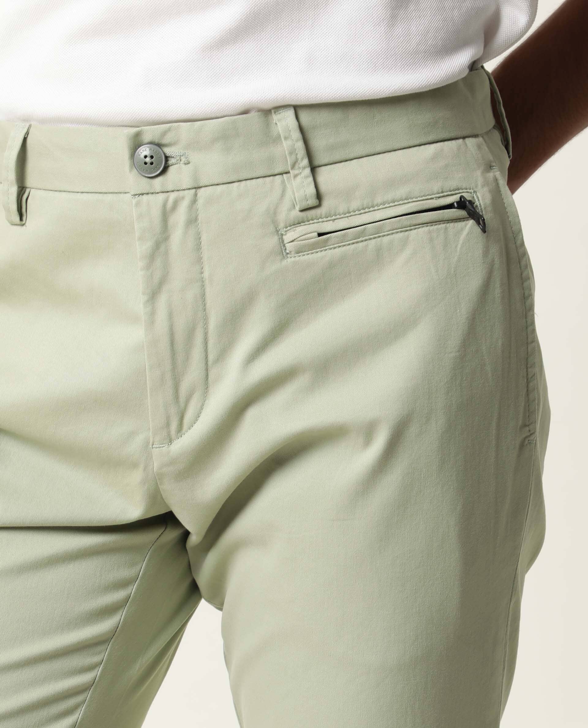 Rare Rabbit Men's Clovey Green Cotton Fabric Button Closure Mid Rise Slim Fit Trousers