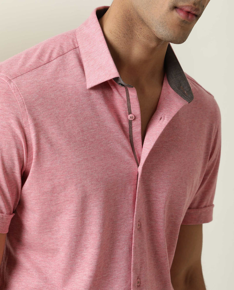 Rare Rabbit Men's Miraj Pink Cotton Fabric Half Sleeves Knitted Shirt