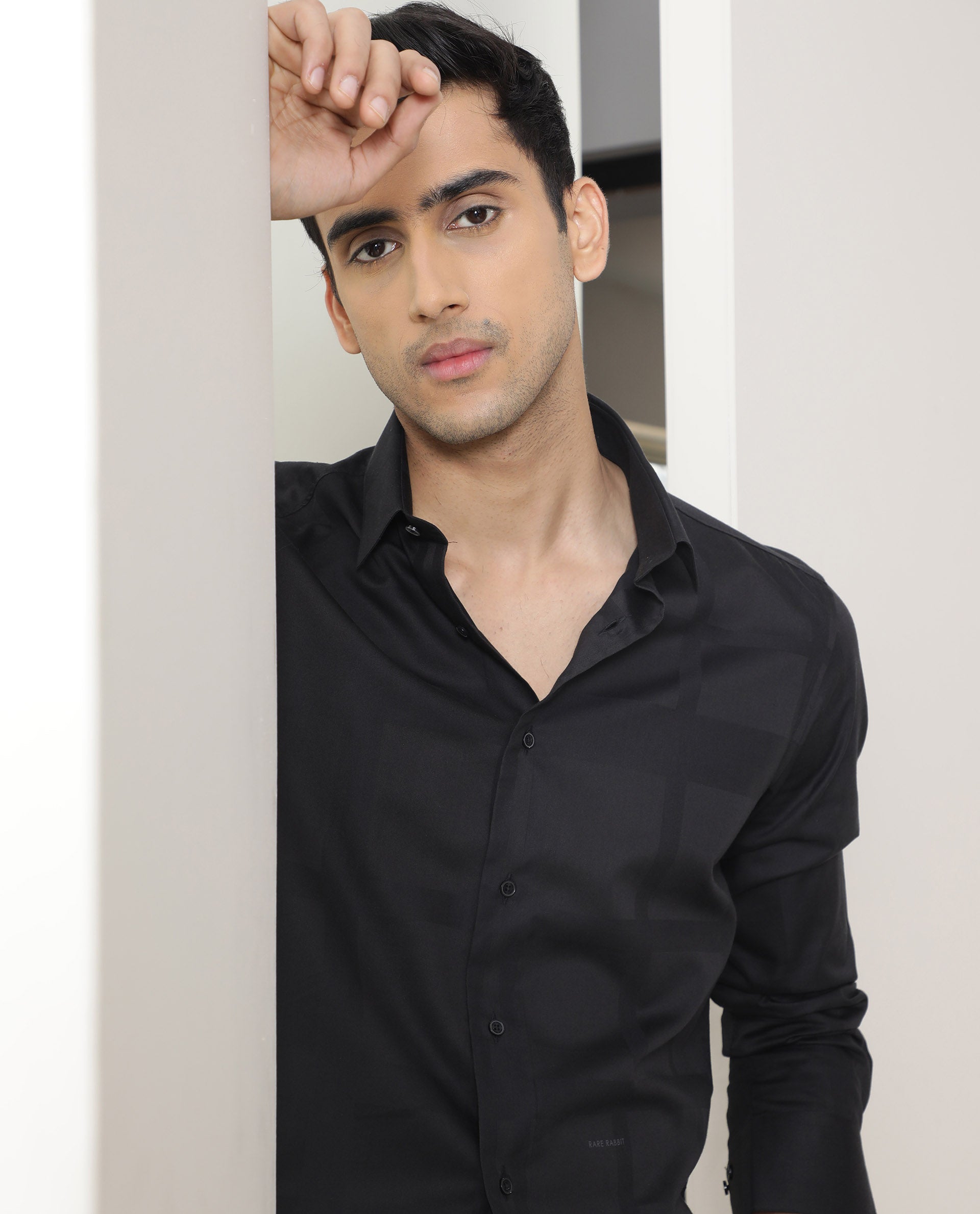 Rare Rabbit Men's Boxline Black Cotton Lyocell Fabric Full Sleeves Checks Print Shirt