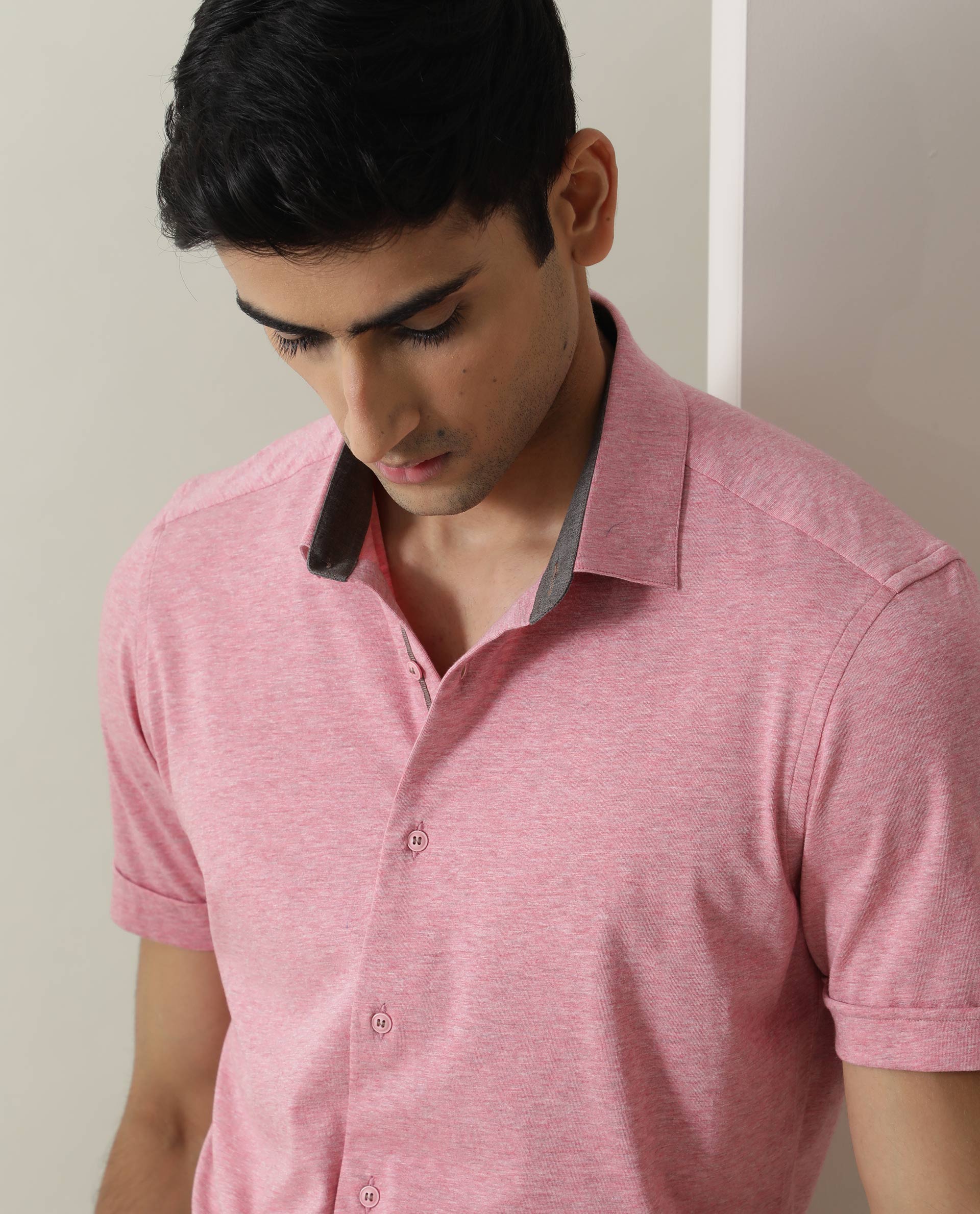 Rare Rabbit Men's Miraj Pink Cotton Fabric Half Sleeves Knitted Shirt