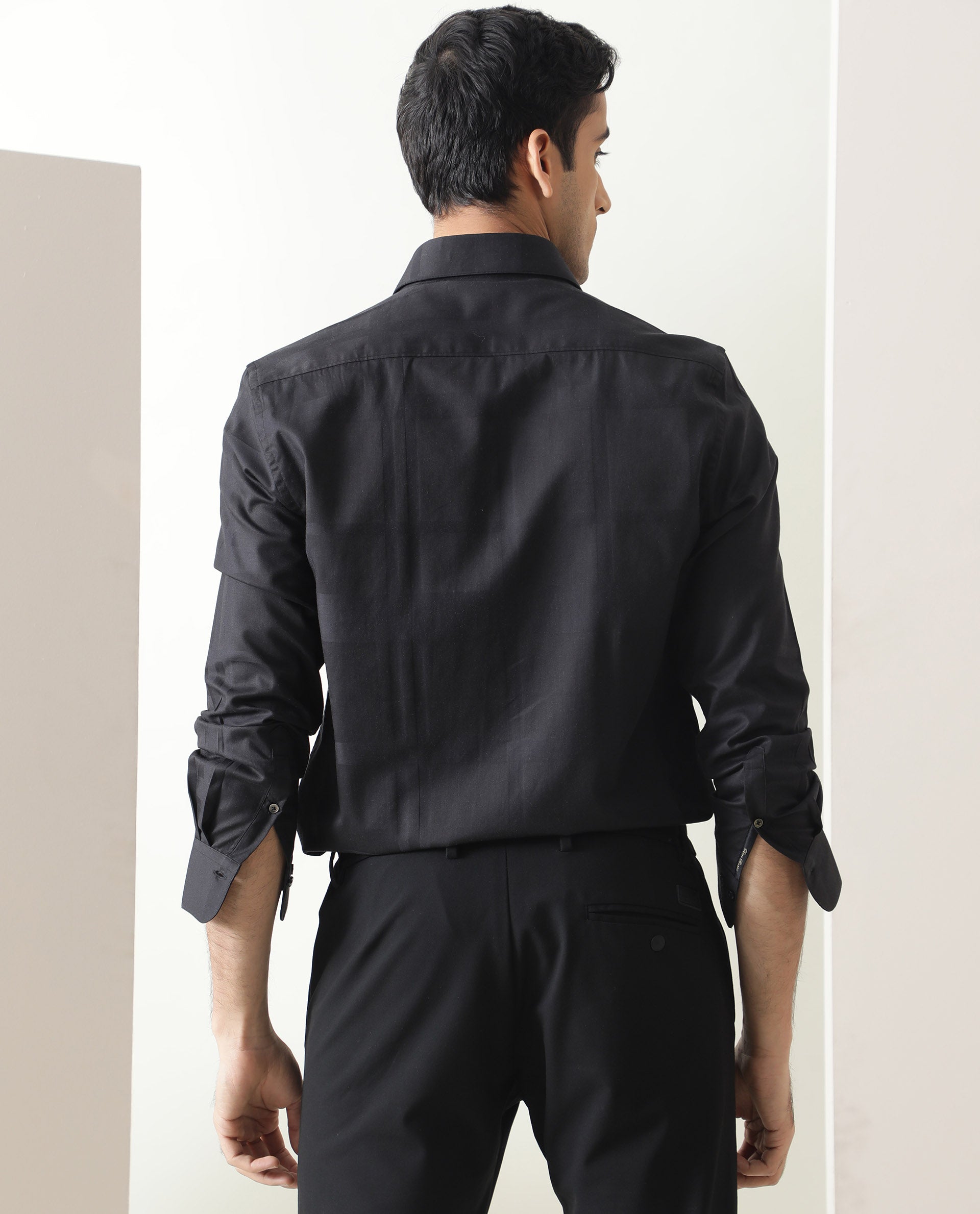 Rare Rabbit Men's Boxline Black Cotton Lyocell Fabric Full Sleeves Checks Print Shirt