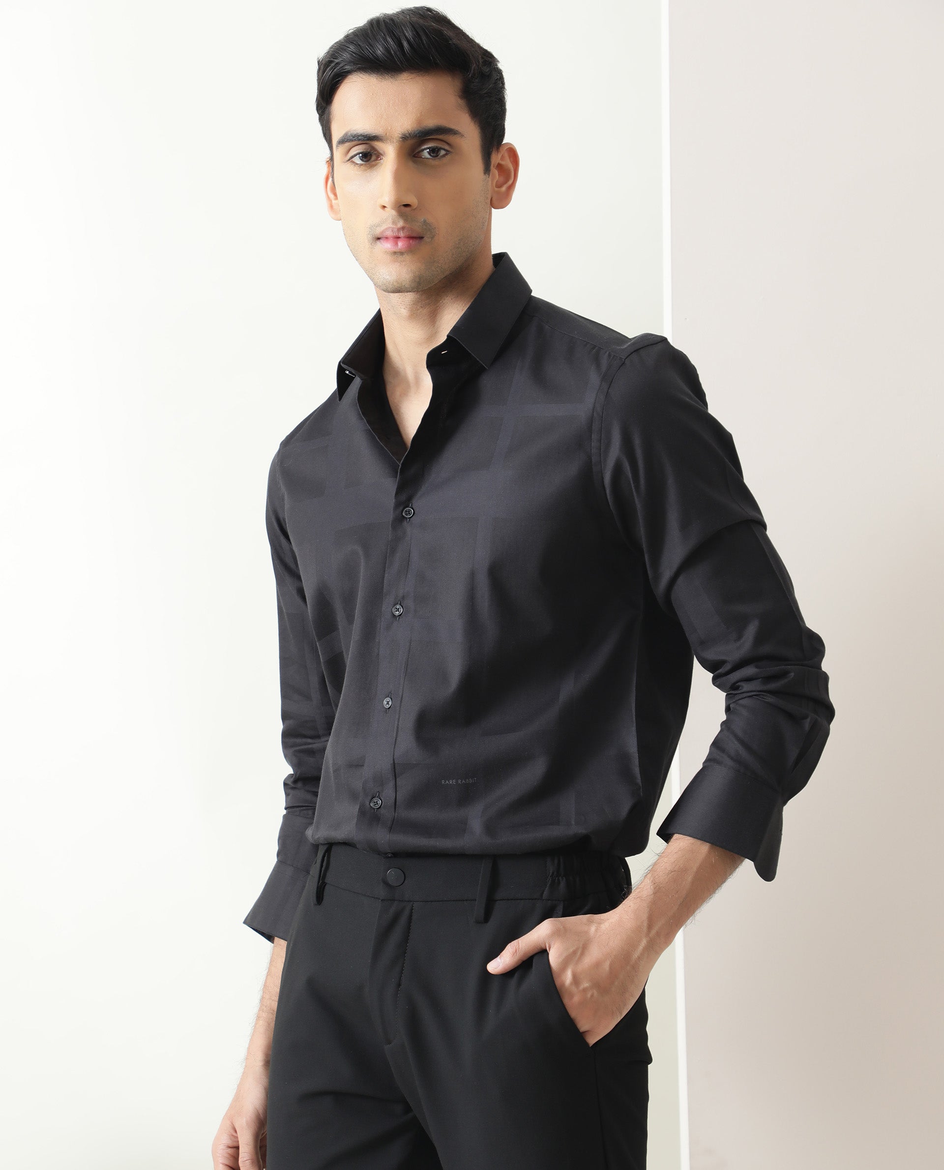 Rare Rabbit Men's Boxline Black Cotton Lyocell Fabric Full Sleeves Checks Print Shirt