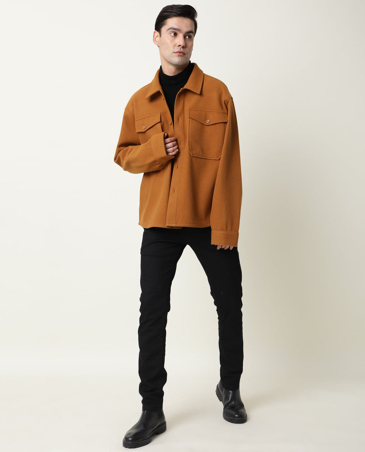 RARE RABBIT MEN'S SHACK TAN JACKET POLYESTER FABRIC COLLARED NECK FULL SLEEVES BUTTON CLOSURE SLIM FIT