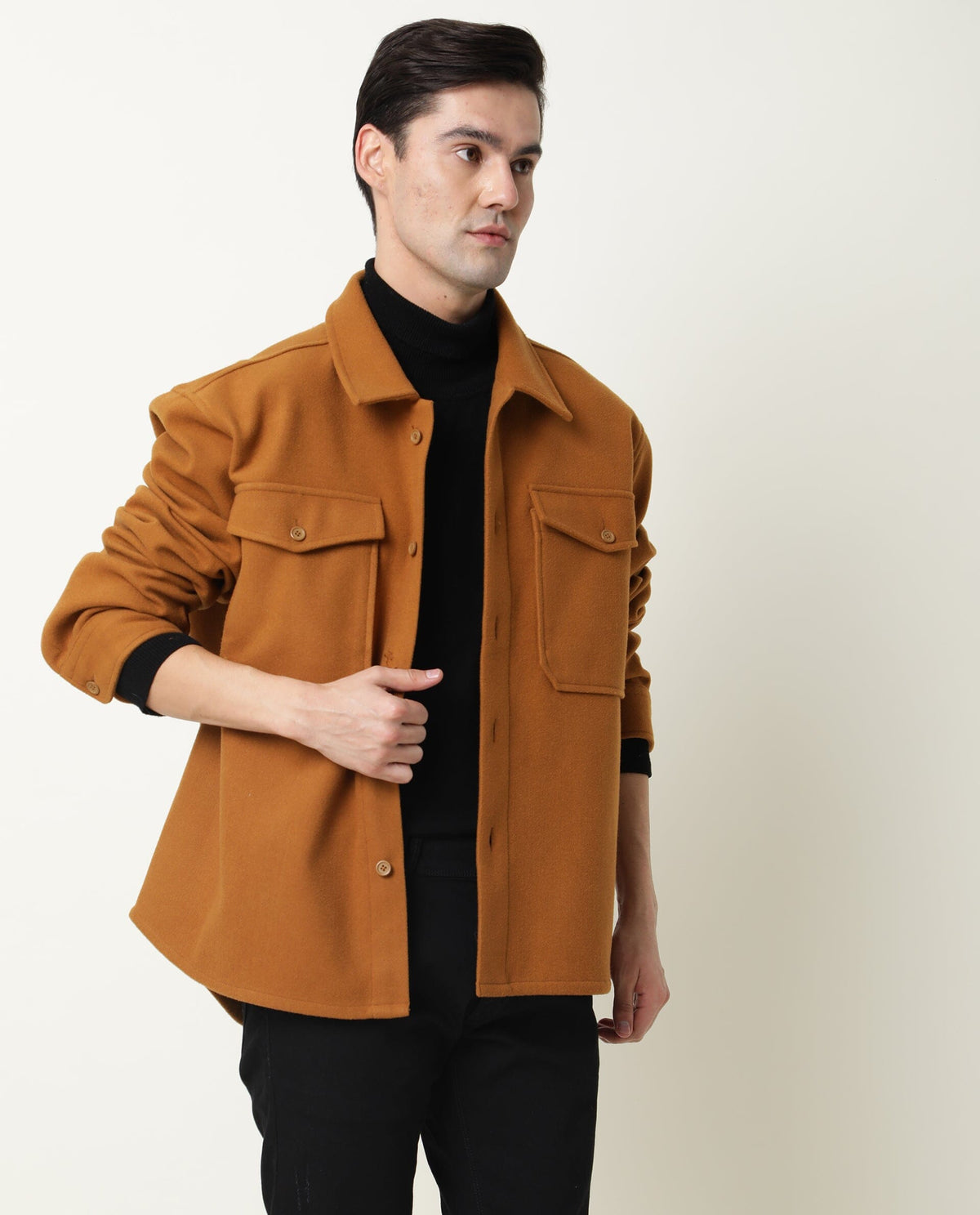 RARE RABBIT MEN'S SHACK TAN JACKET POLYESTER FABRIC COLLARED NECK FULL SLEEVES BUTTON CLOSURE SLIM FIT