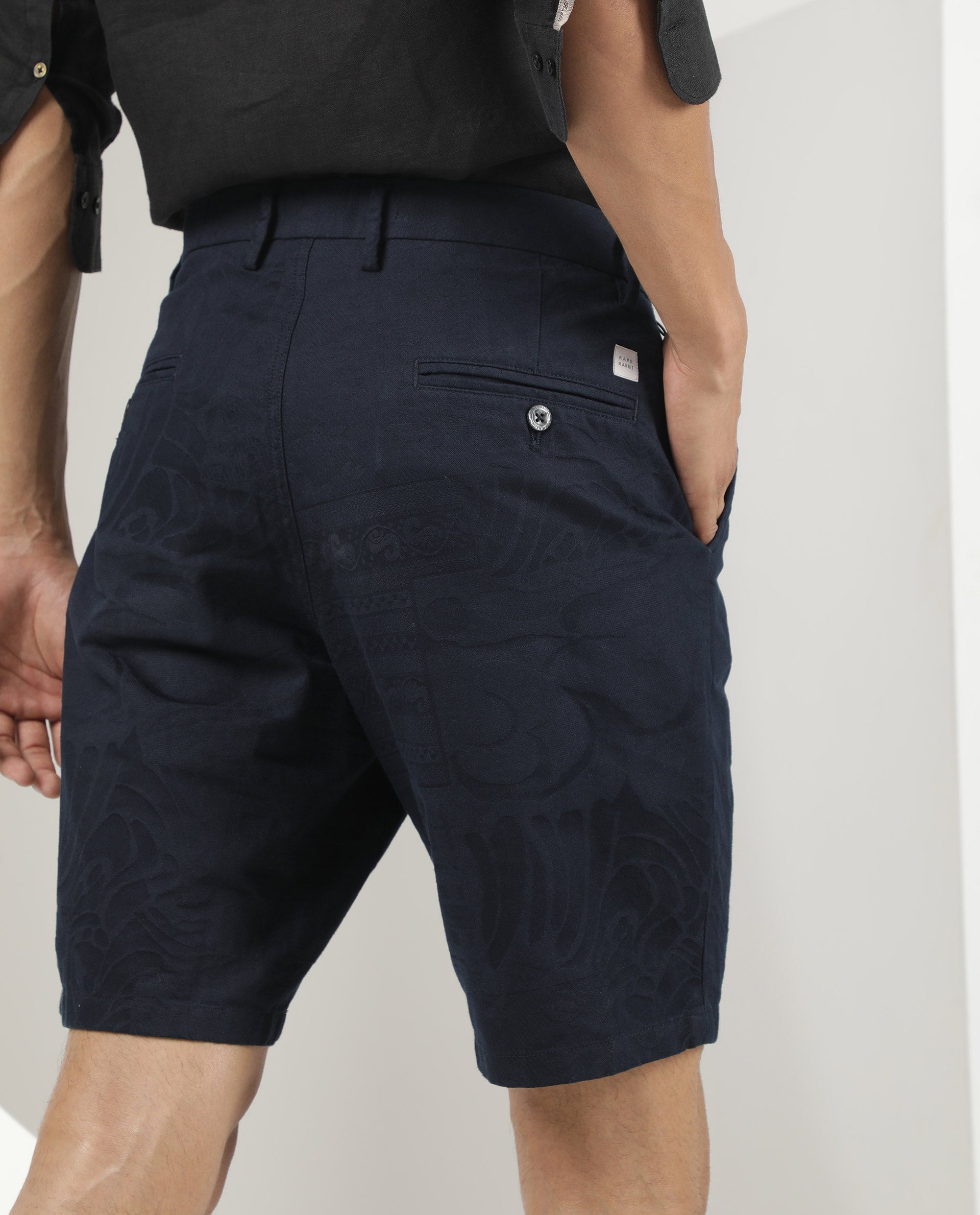 Rare Rabbit Men'S Jaky Navy Shorts Cotton Fabric Button & Zip Closure Mid Rise