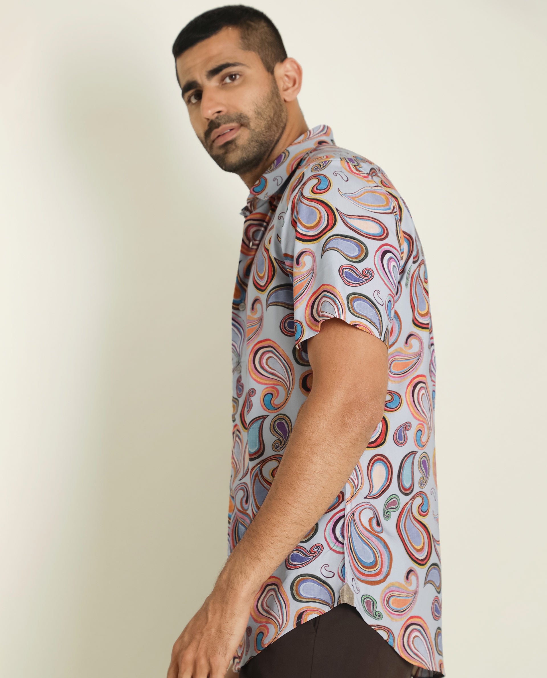 Rare Rabbit Men's Marsh Ss Blue Viscose Fabric Paisley Print Half Sleeves Shirt