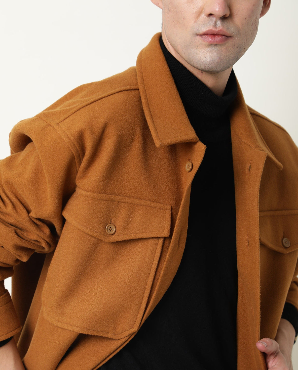 RARE RABBIT MEN'S SHACK TAN JACKET POLYESTER FABRIC COLLARED NECK FULL SLEEVES BUTTON CLOSURE SLIM FIT