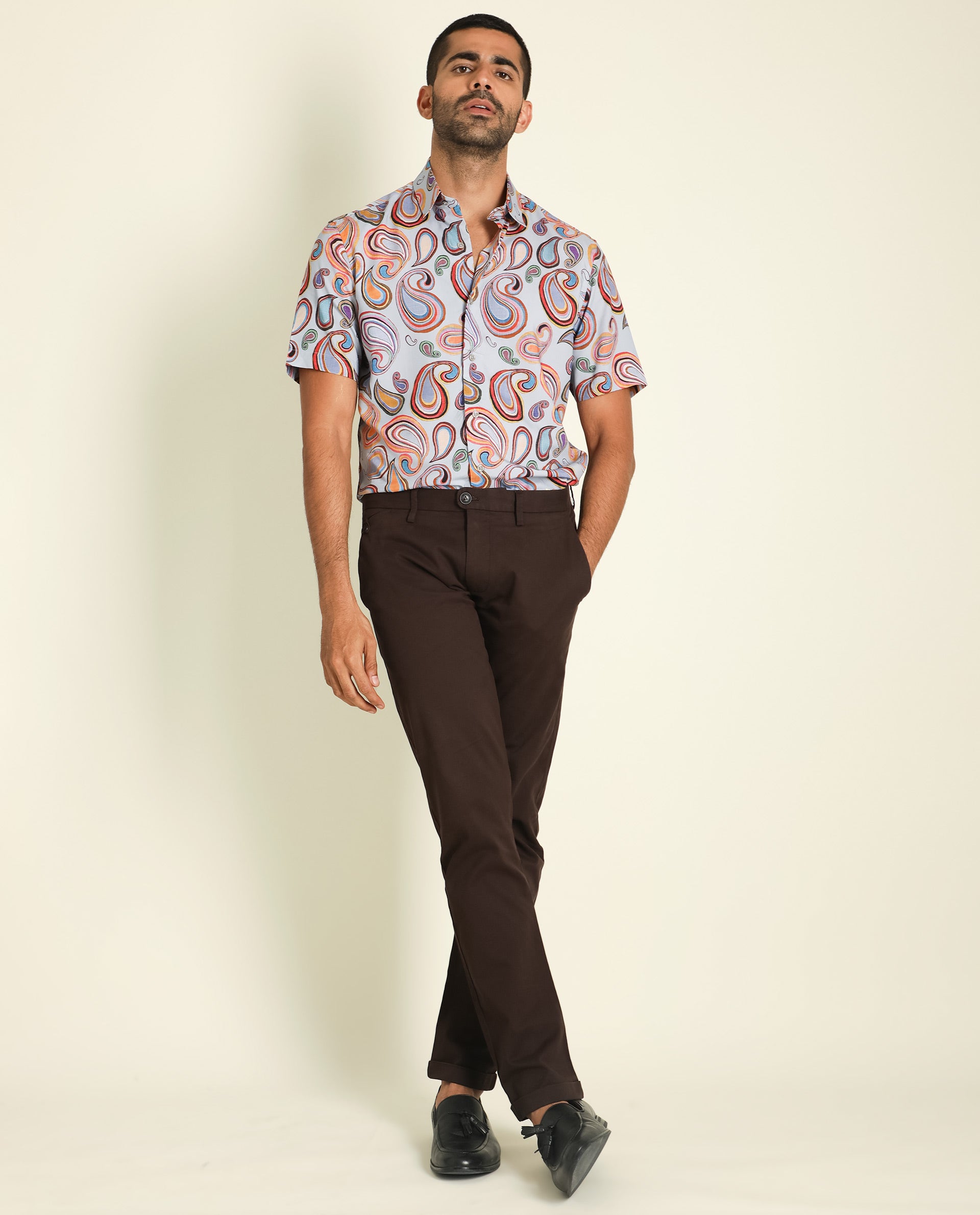 Rare Rabbit Men's Marsh Ss Blue Viscose Fabric Paisley Print Half Sleeves Shirt