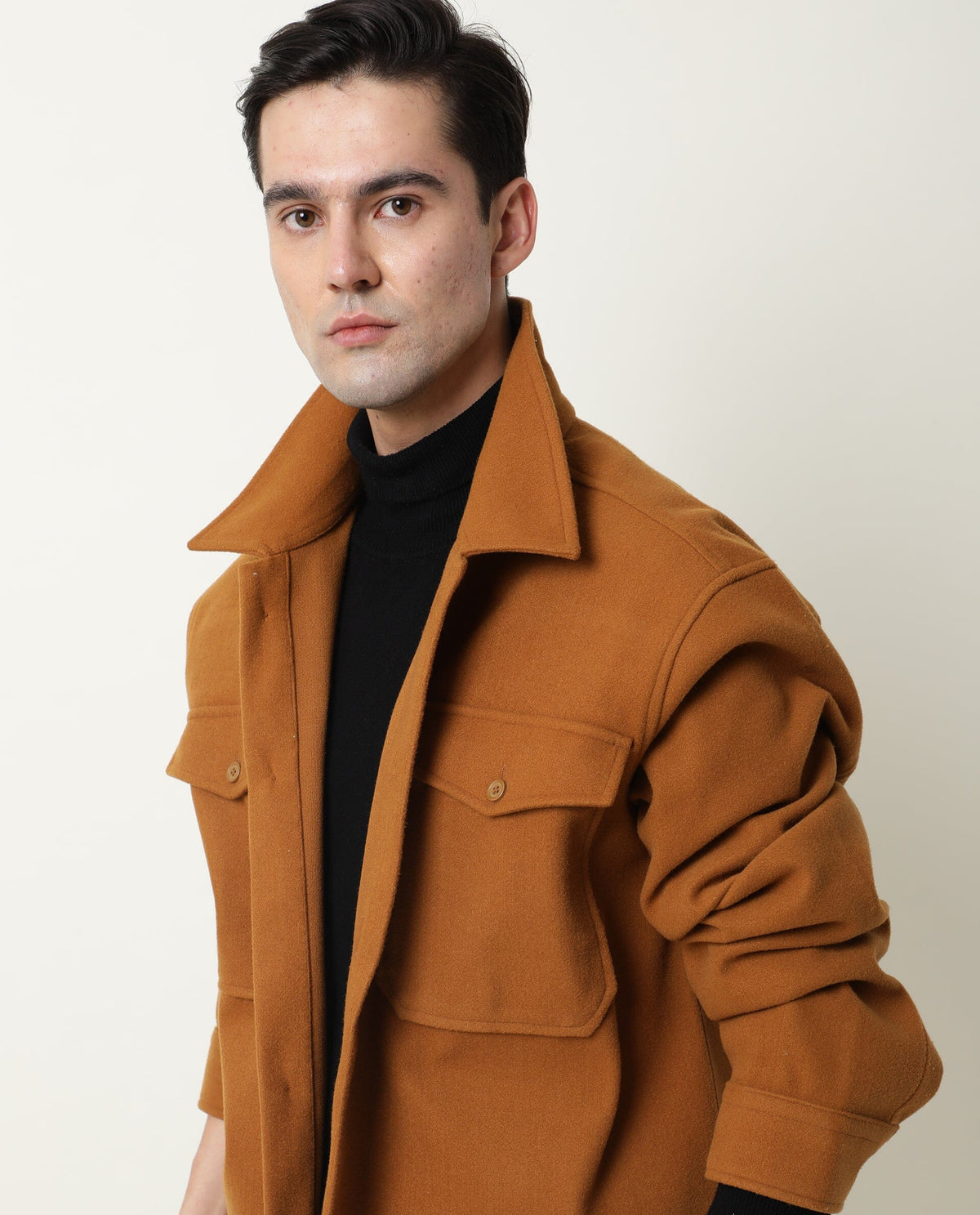 RARE RABBIT MEN'S SHACK TAN JACKET POLYESTER FABRIC COLLARED NECK FULL SLEEVES BUTTON CLOSURE SLIM FIT