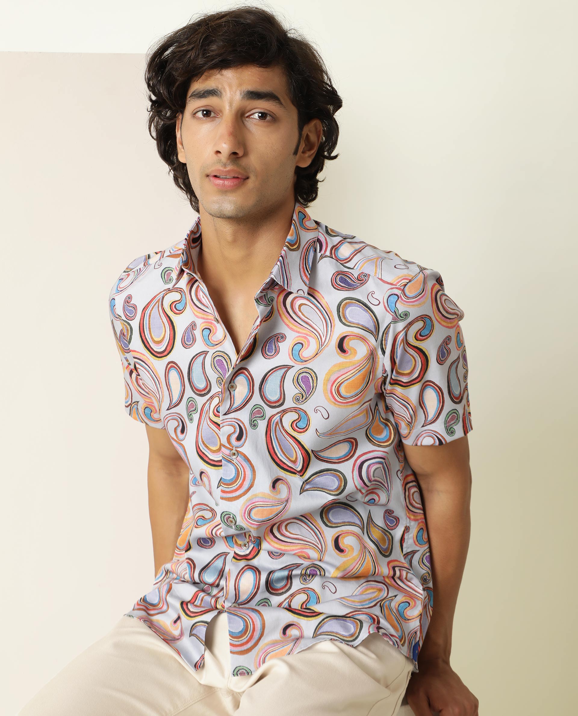 RARE RABBIT MEN'S CADIZ MULTI SHIRT COTTON FABRIC COLLARED NECK HALF SLEEVES BUTTON CLOSURE