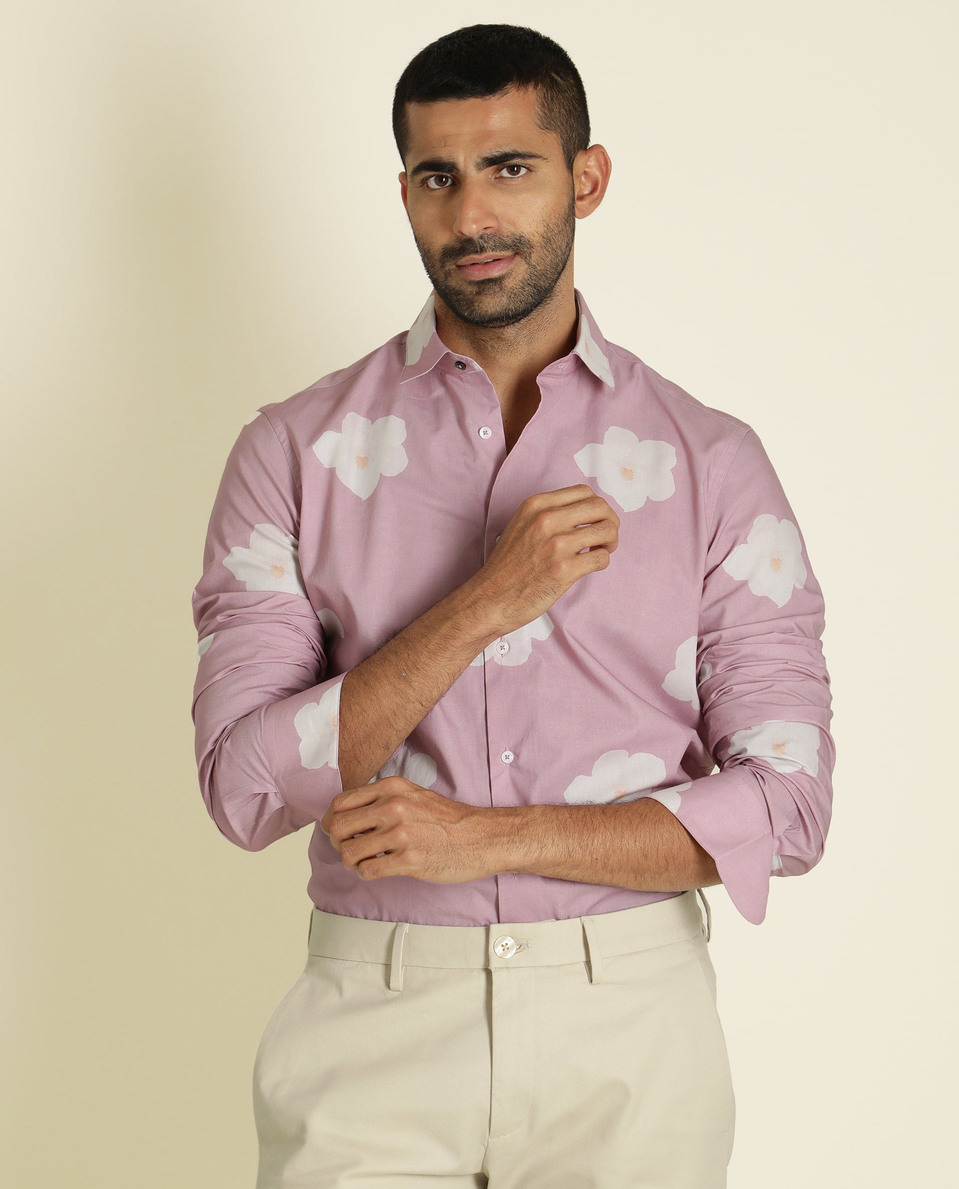 Rare Rabbit Men's Cromer Light Purple Cotton Fabric Floral Print Full Sleeves Shirt