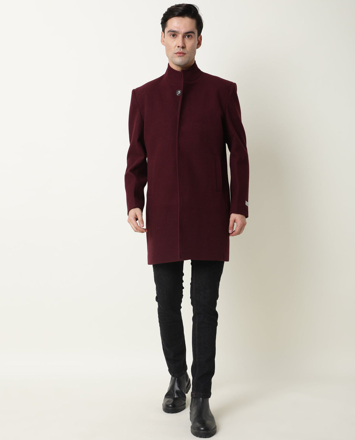 Rare Rabbit Men'S Ruco Maroon Jacket Polyester Fabric High Neck Full Sleeves Button Closure Slim Fit