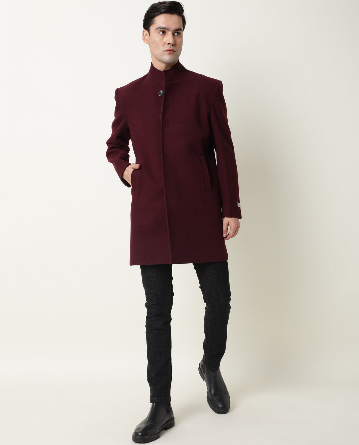 Rare Rabbit Men'S Ruco Maroon Jacket Polyester Fabric High Neck Full Sleeves Button Closure Slim Fit