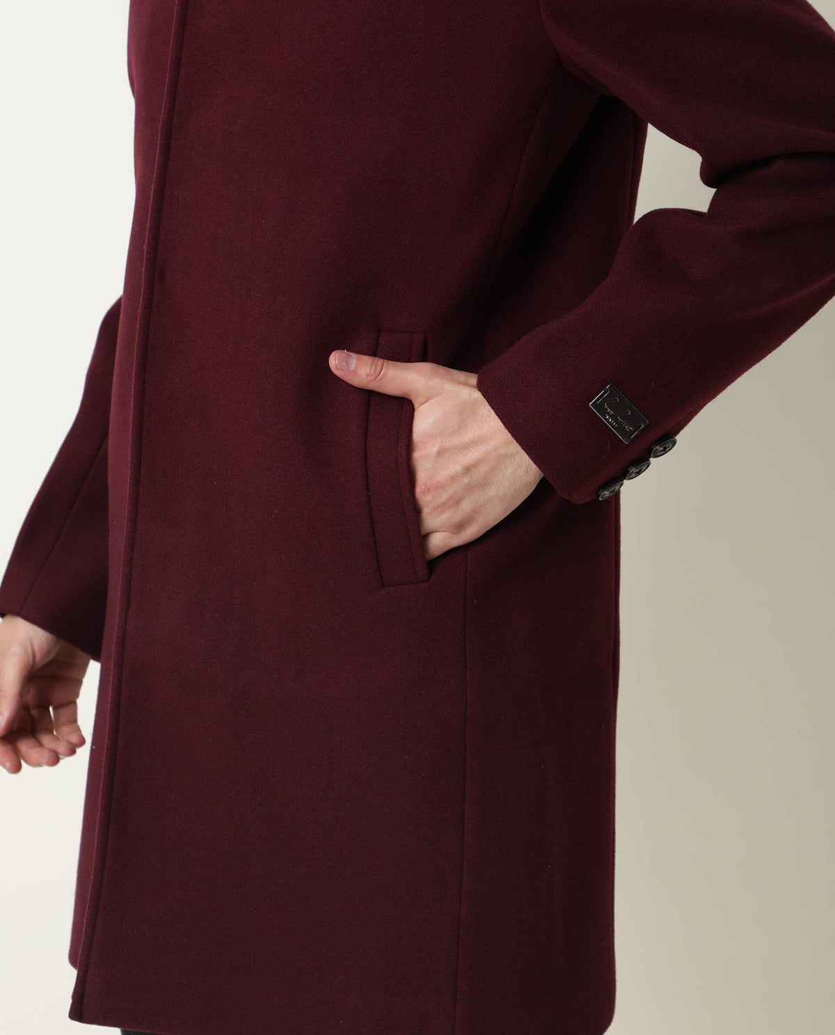 Rare Rabbit Men'S Ruco Maroon Jacket Polyester Fabric High Neck Full Sleeves Button Closure Slim Fit