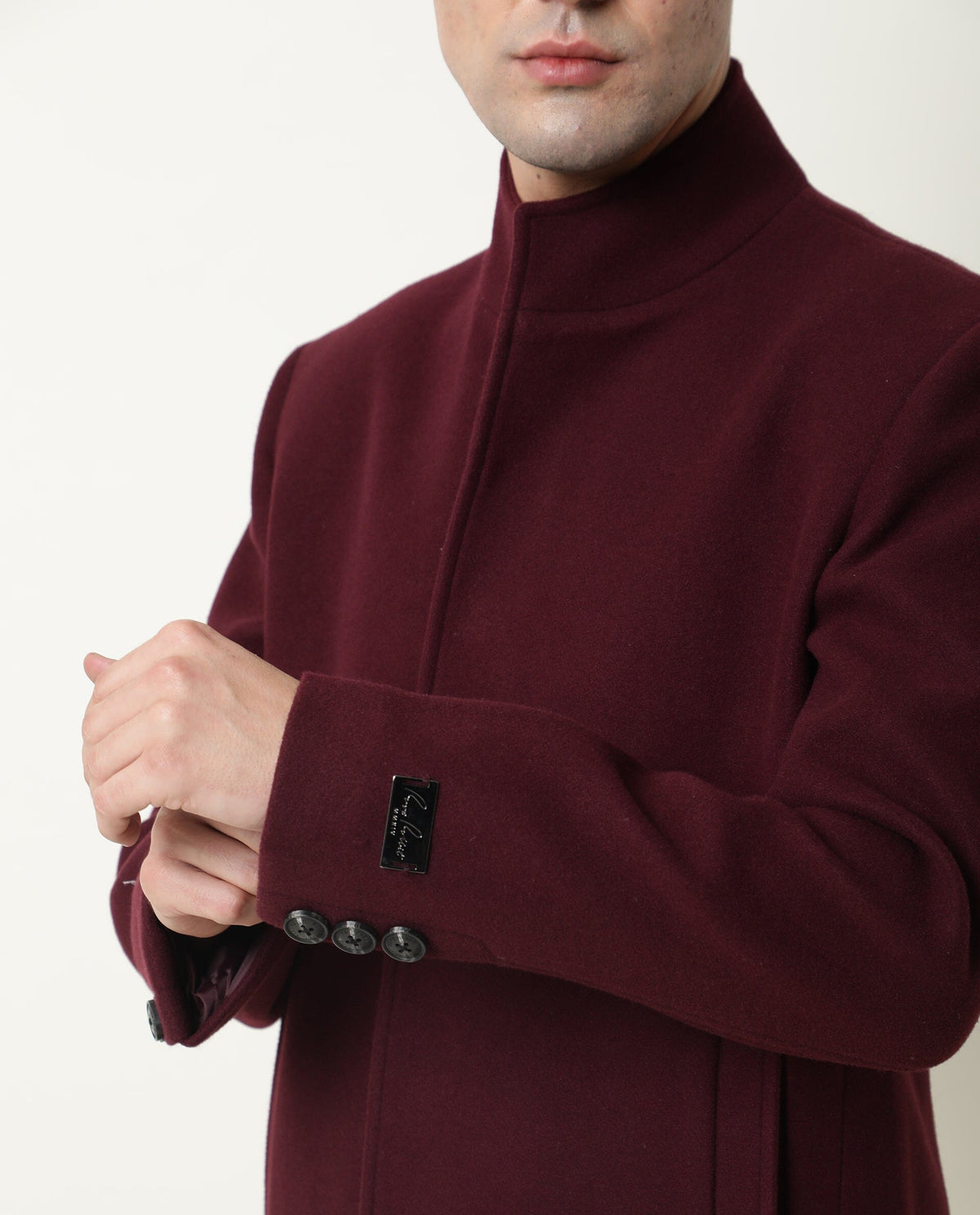 Rare Rabbit Men'S Ruco Maroon Jacket Polyester Fabric High Neck Full Sleeves Button Closure Slim Fit