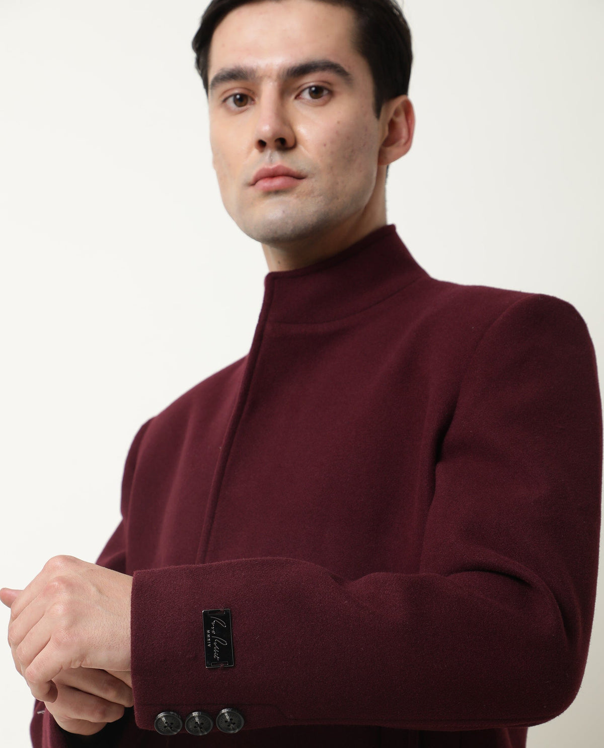 Rare Rabbit Men'S Ruco Maroon Jacket Polyester Fabric High Neck Full Sleeves Button Closure Slim Fit