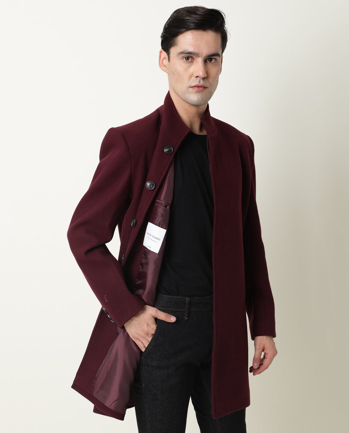Rare Rabbit Men'S Ruco Maroon Jacket Polyester Fabric High Neck Full Sleeves Button Closure Slim Fit