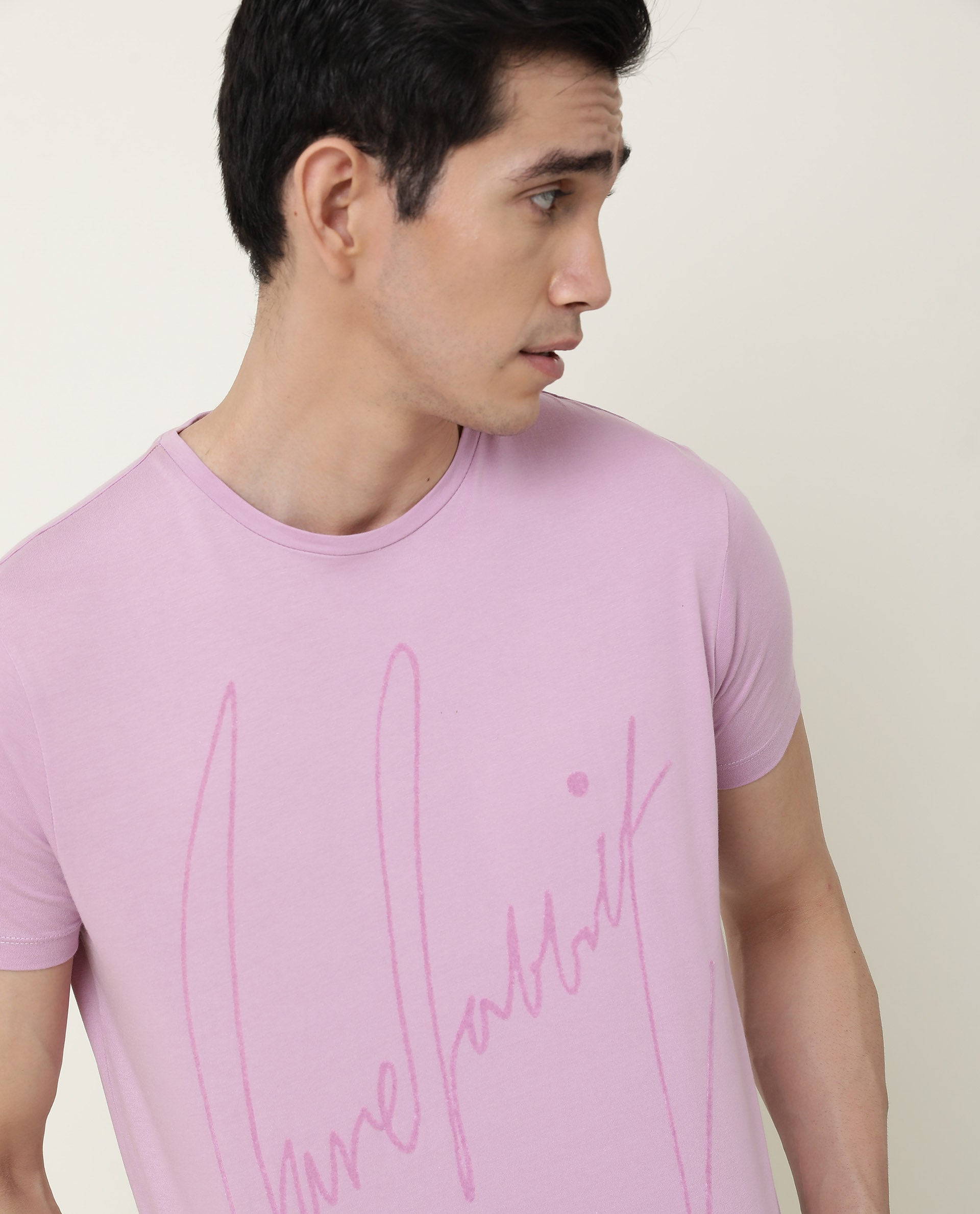 rare rabbit mens berg purple t-shirt cotton fabric slim fit crew neck half sleeve graphic print