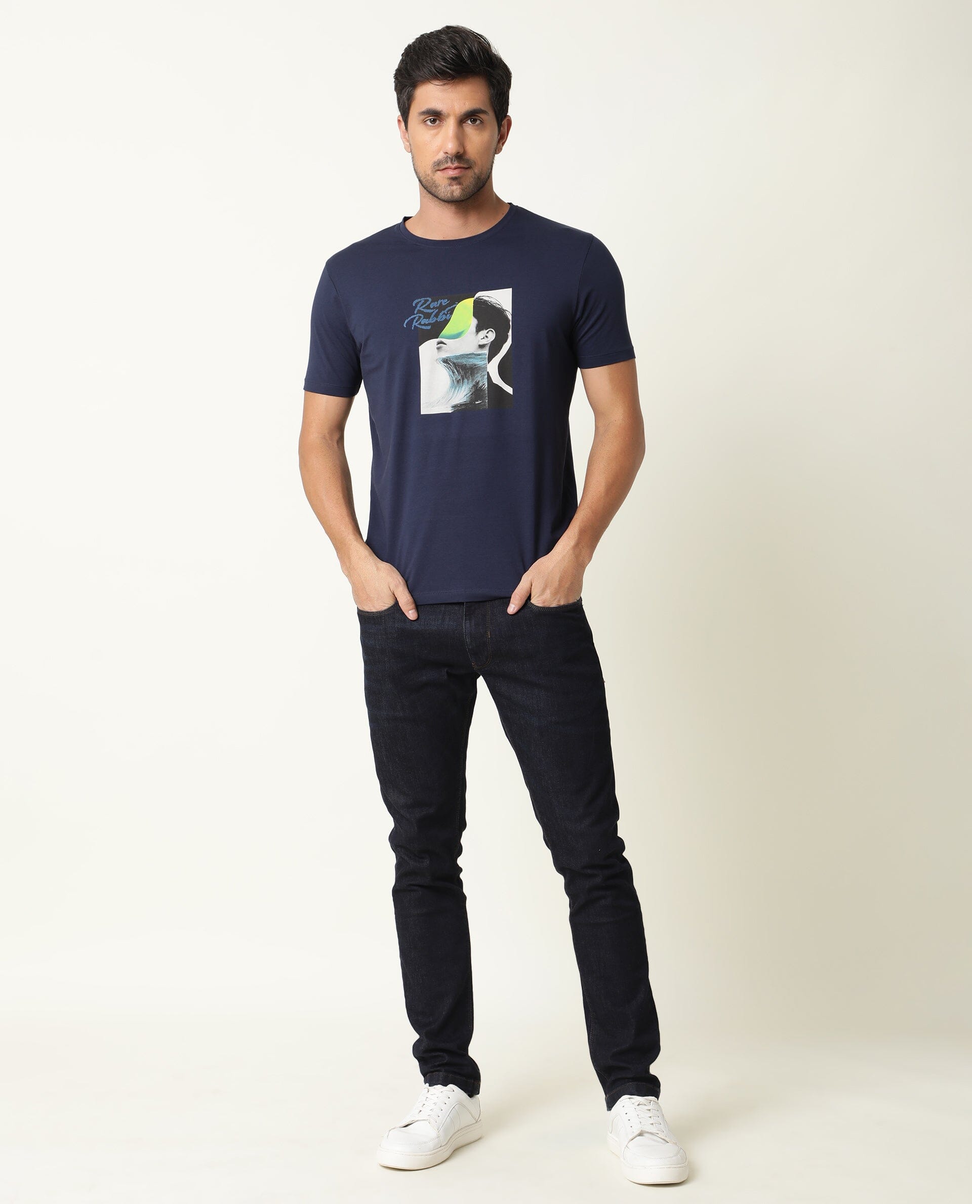 Rare Rabbit Men's Minx Navy Cotton Lycra Fabric Crew Neck Half Sleeves Regular Fit Graphic Print T-Shirt