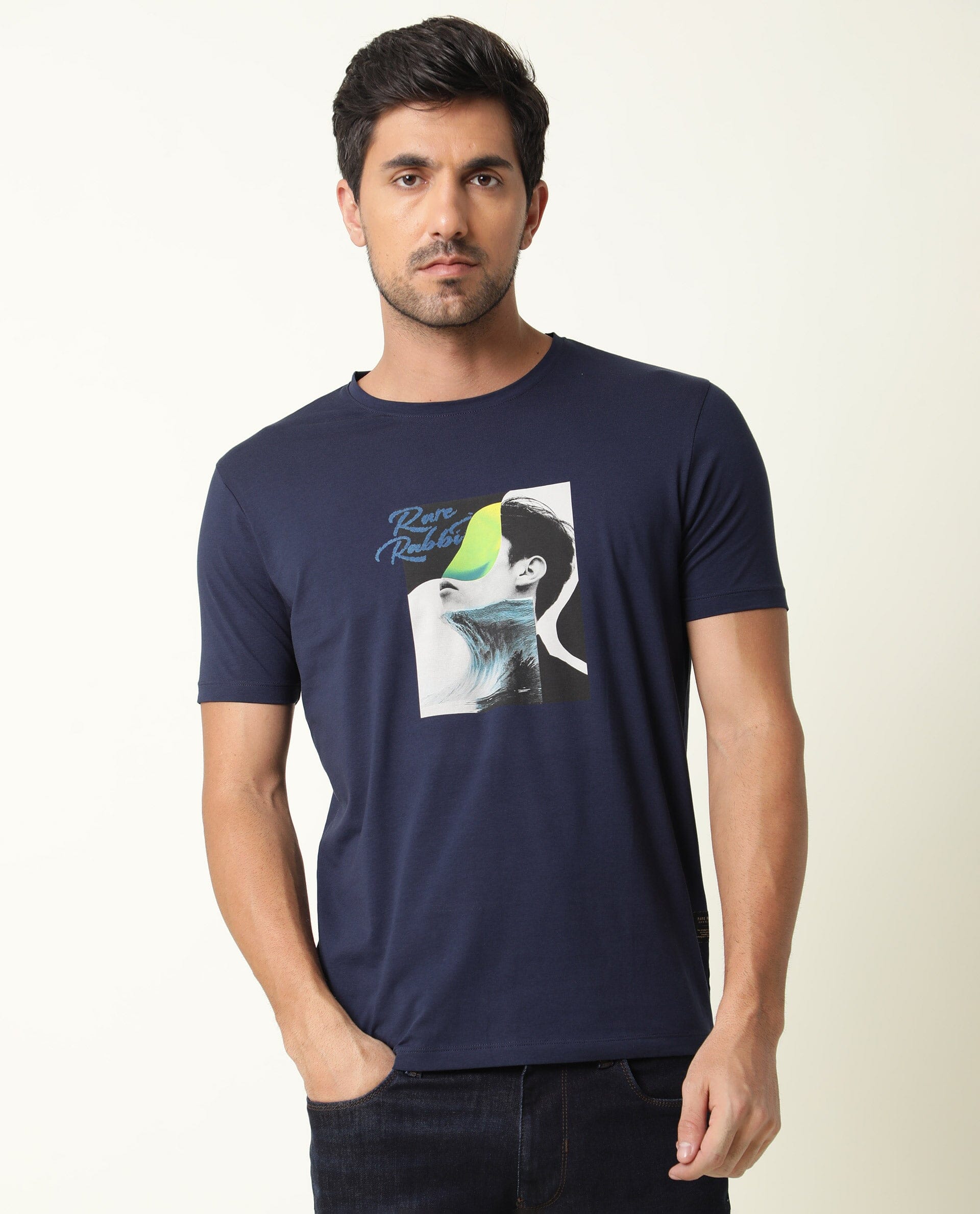 Rare Rabbit Men's Minx Navy Cotton Lycra Fabric Crew Neck Half Sleeves Regular Fit Graphic Print T-Shirt