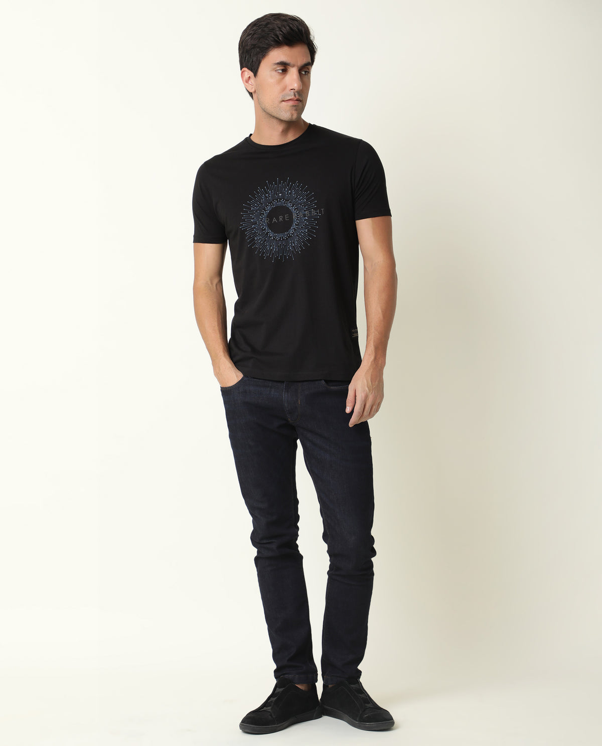 RARE RABBIT MENS KRIS BLACK T-SHIRT COTTON FABRIC SLIM FIT CREW NECK SHORT SLEEVE GRAPHIC PRINT