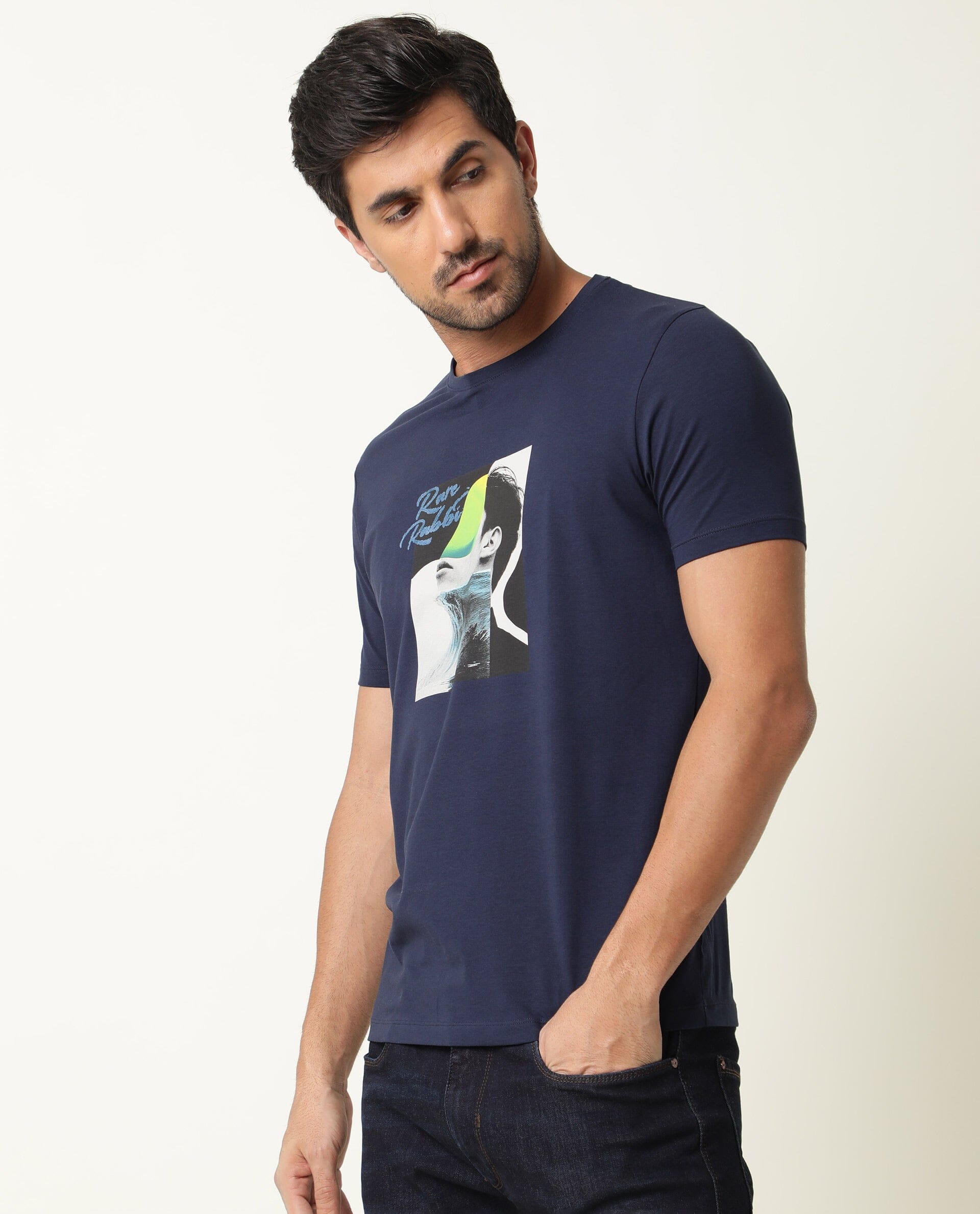 Rare Rabbit Men's Minx Navy Cotton Lycra Fabric Crew Neck Half Sleeves Regular Fit Graphic Print T-Shirt