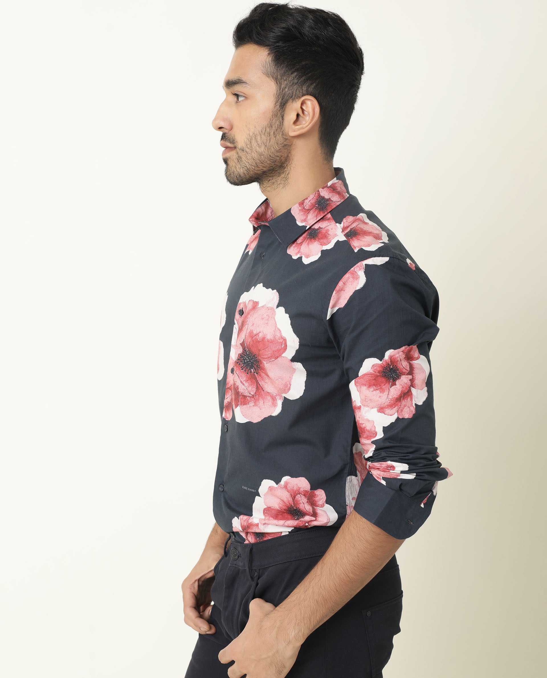 Rare Rabbit Men's Netherss Navy Cotton Fabric Floral Print Full Sleeves Shirt
